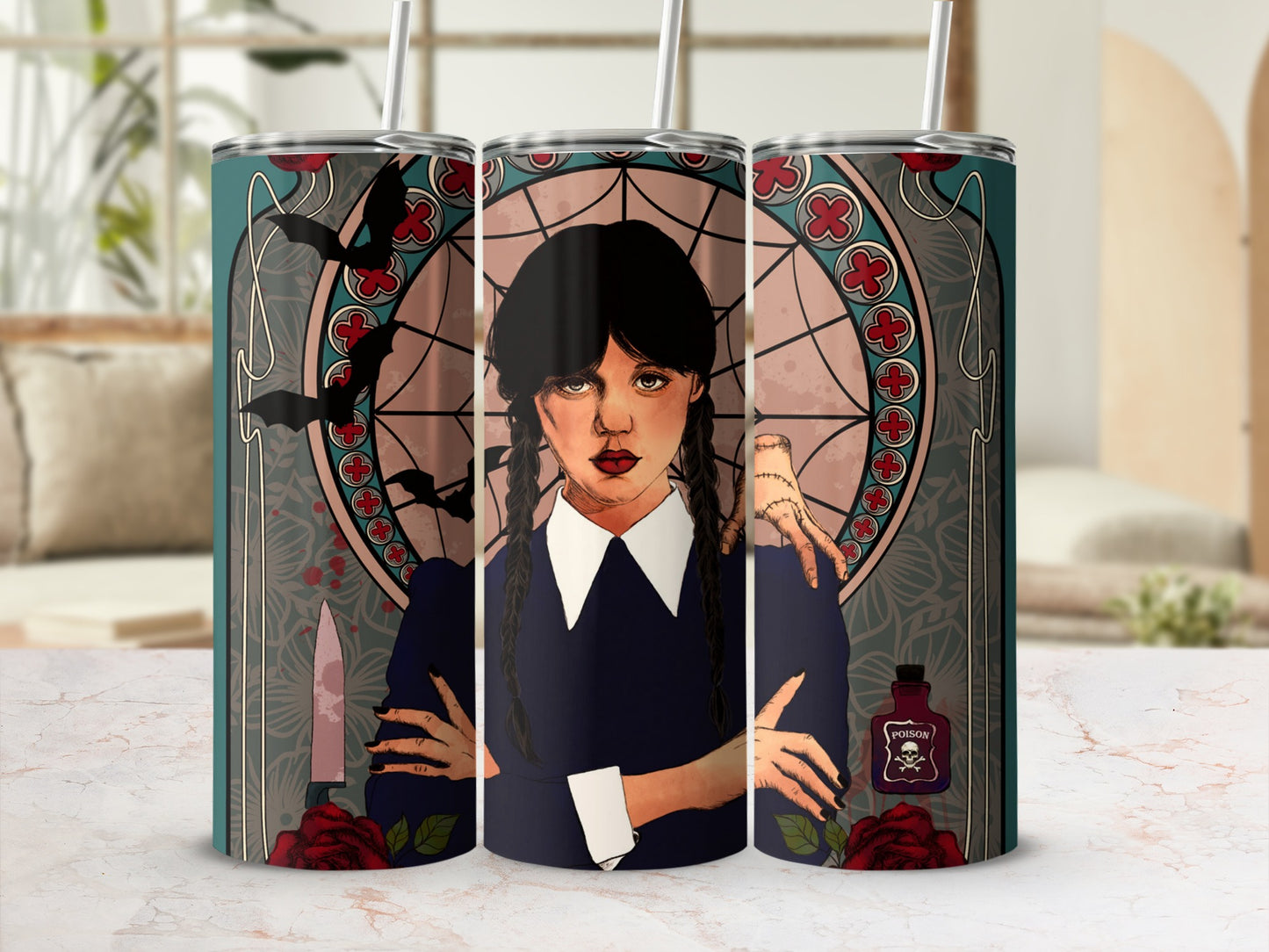Gothic Art Tumbler with Bats and Poison Design