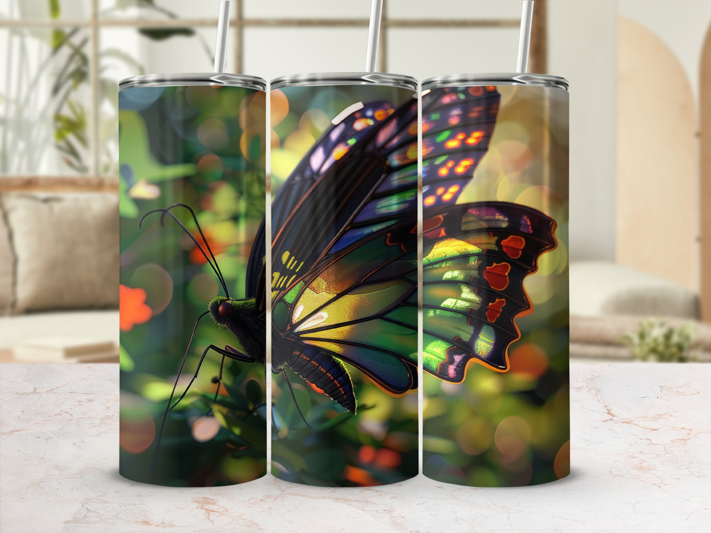 Butterfly tumbler with colorful wings against a bokeh background.