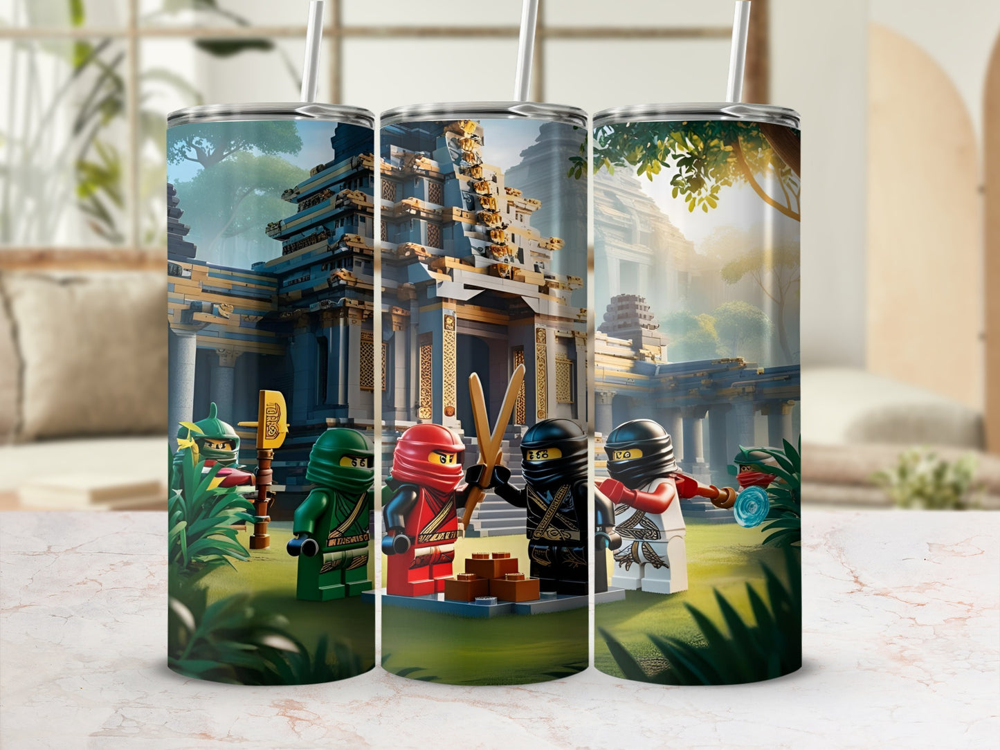 Three tumblers with ninjas in front of a temple, on a table.