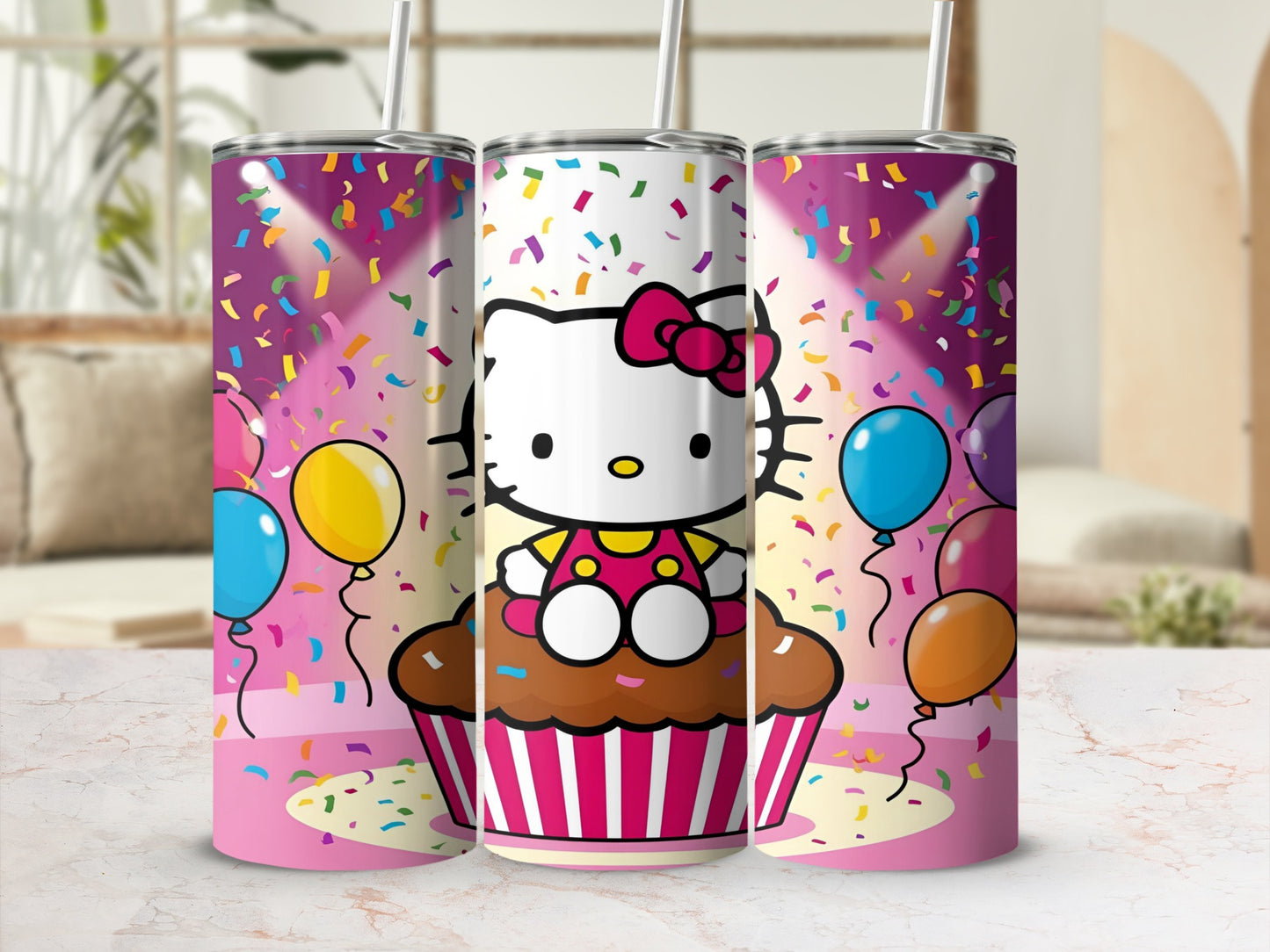 Hello Kitty on a cupcake with balloons and confetti.