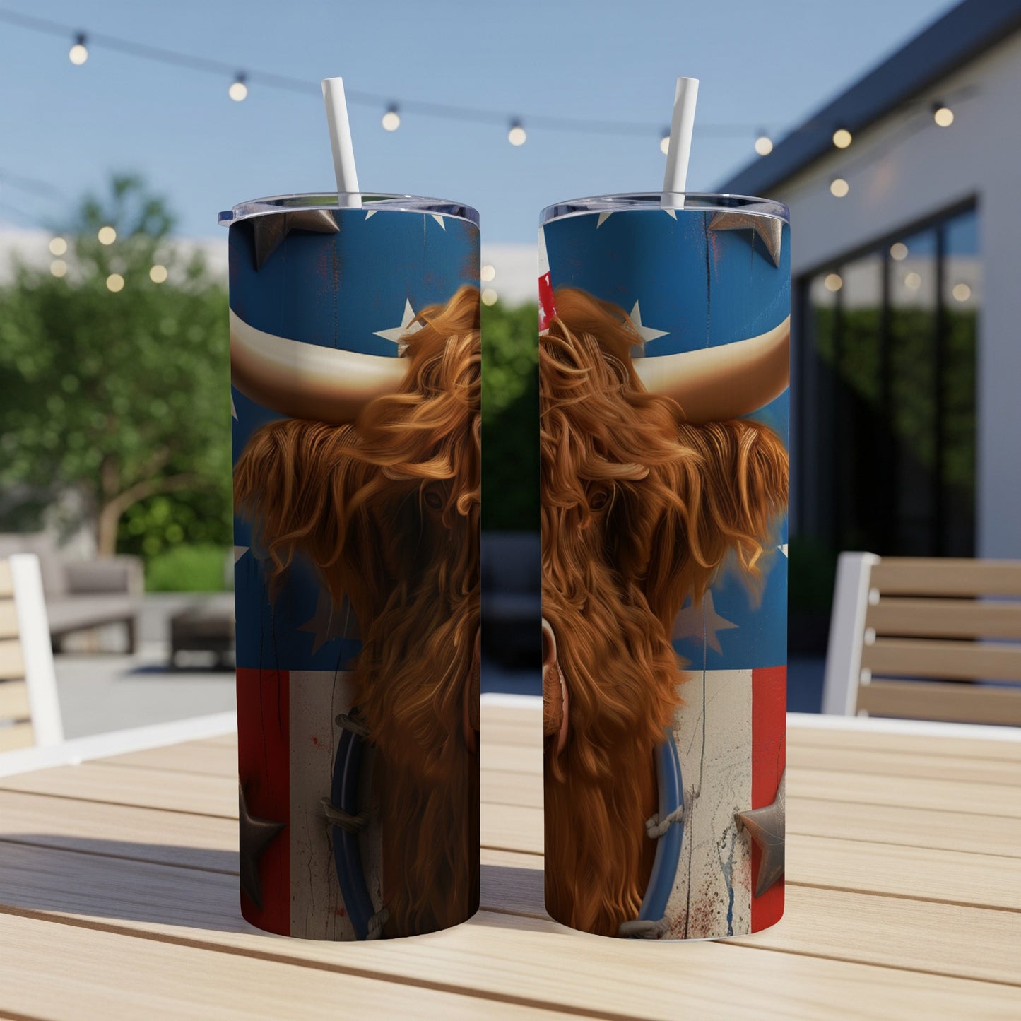 Highland cow portrait on US flag background, wrapped around two tumblers.
