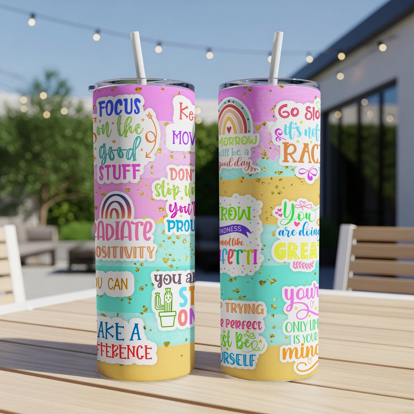 Two colorful tumblers with motivational quotes and bright patterns.