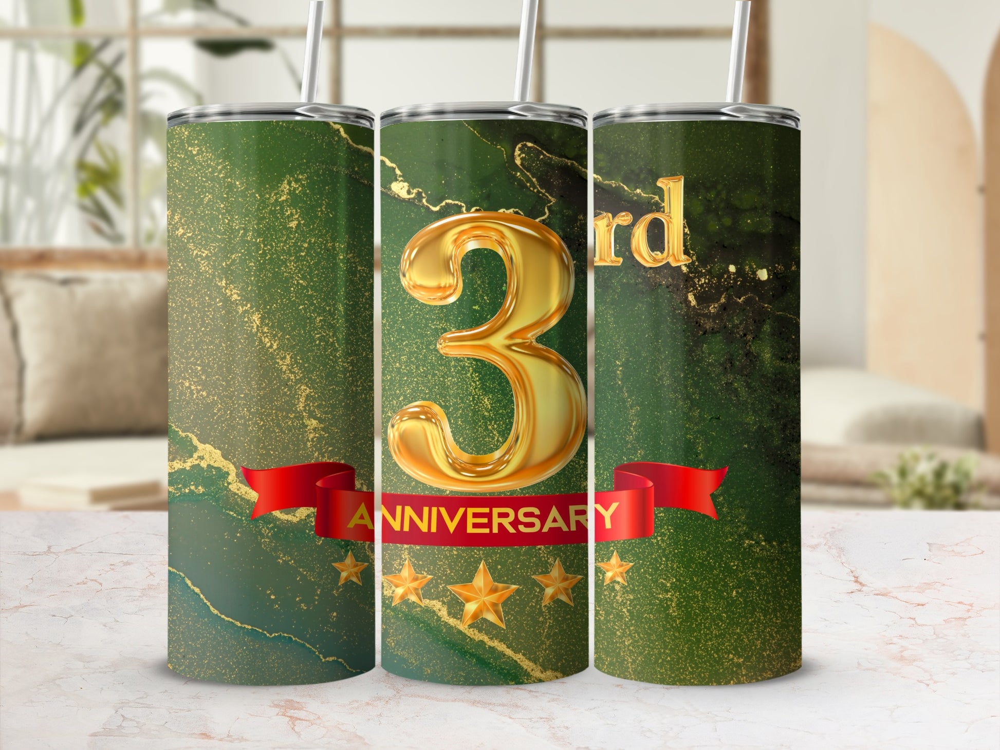 Green marble tumbler with "3rd Anniversary" text and gold stars.