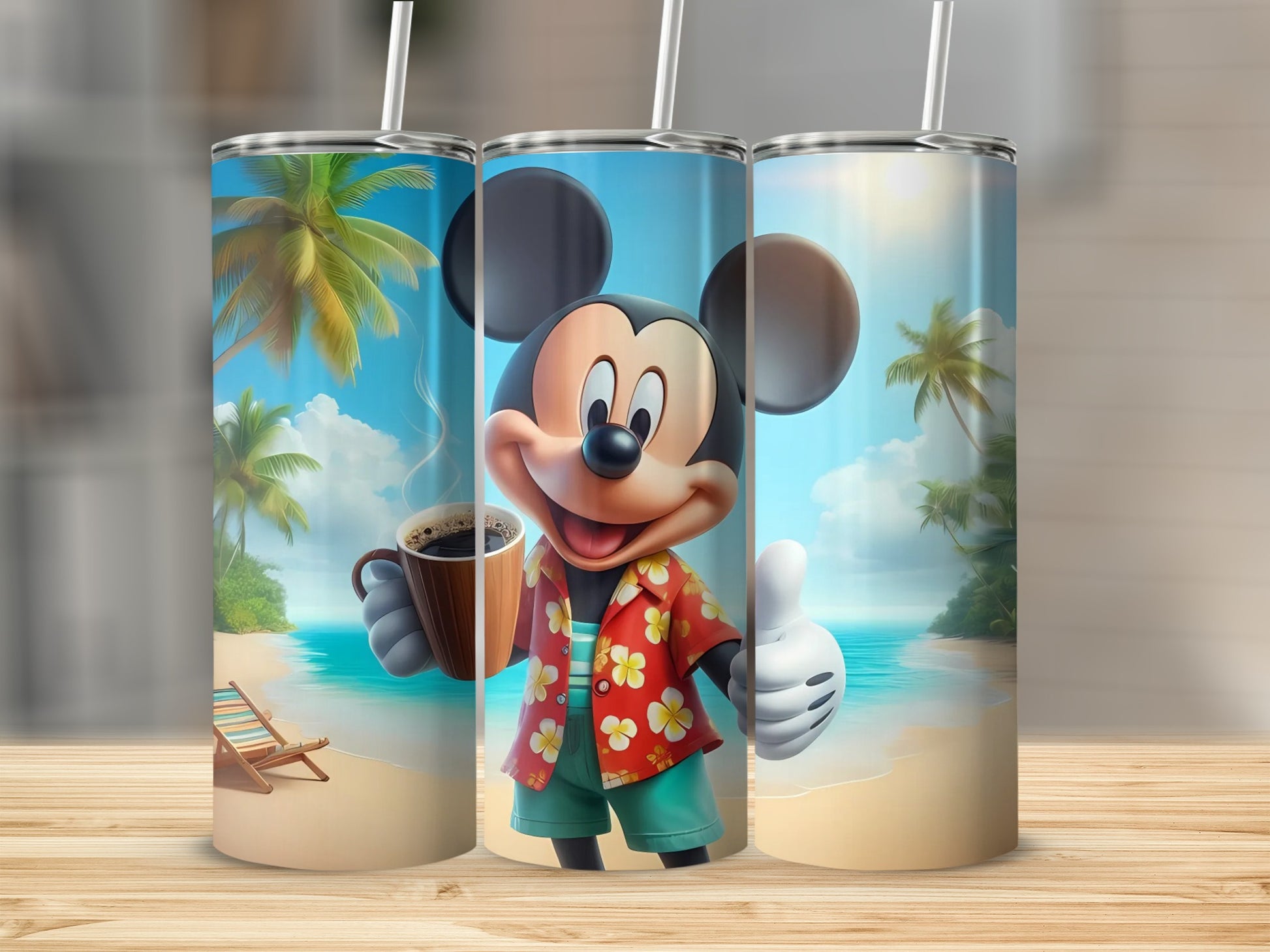 Colorful Beach Scene with Iconic Cartoon Character Tumbler