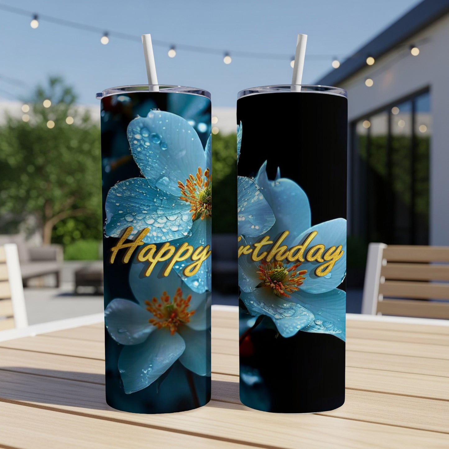 Two tumblers with blue flowers and "Happy Birthday" text.
