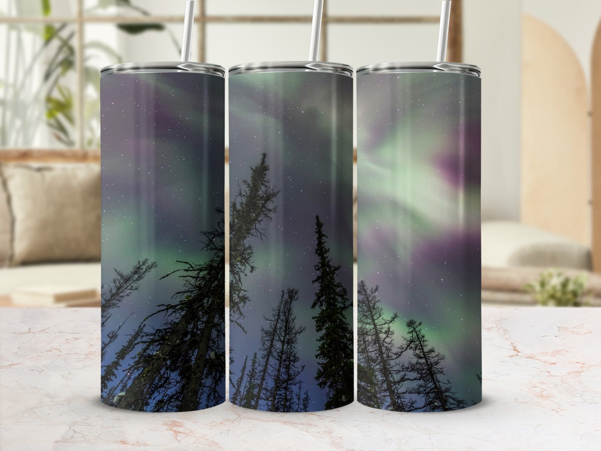 Northern Lights Sky Scene with Pine Trees Tumbler