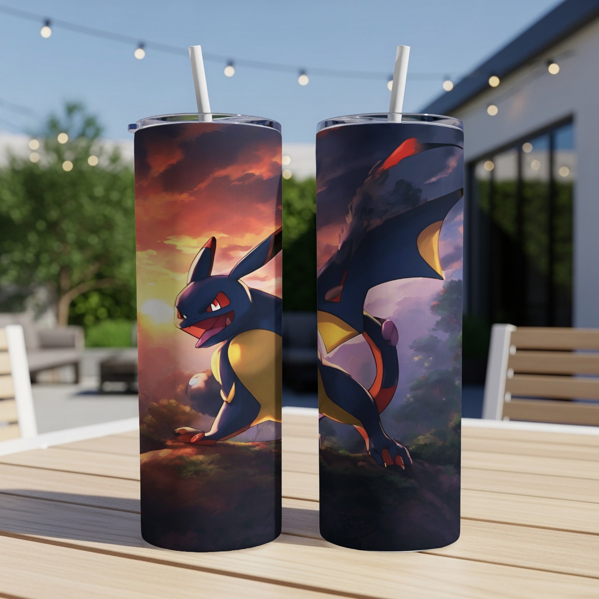 Two tumblers featuring a dragon Pokemon with black wings and yellow accents.