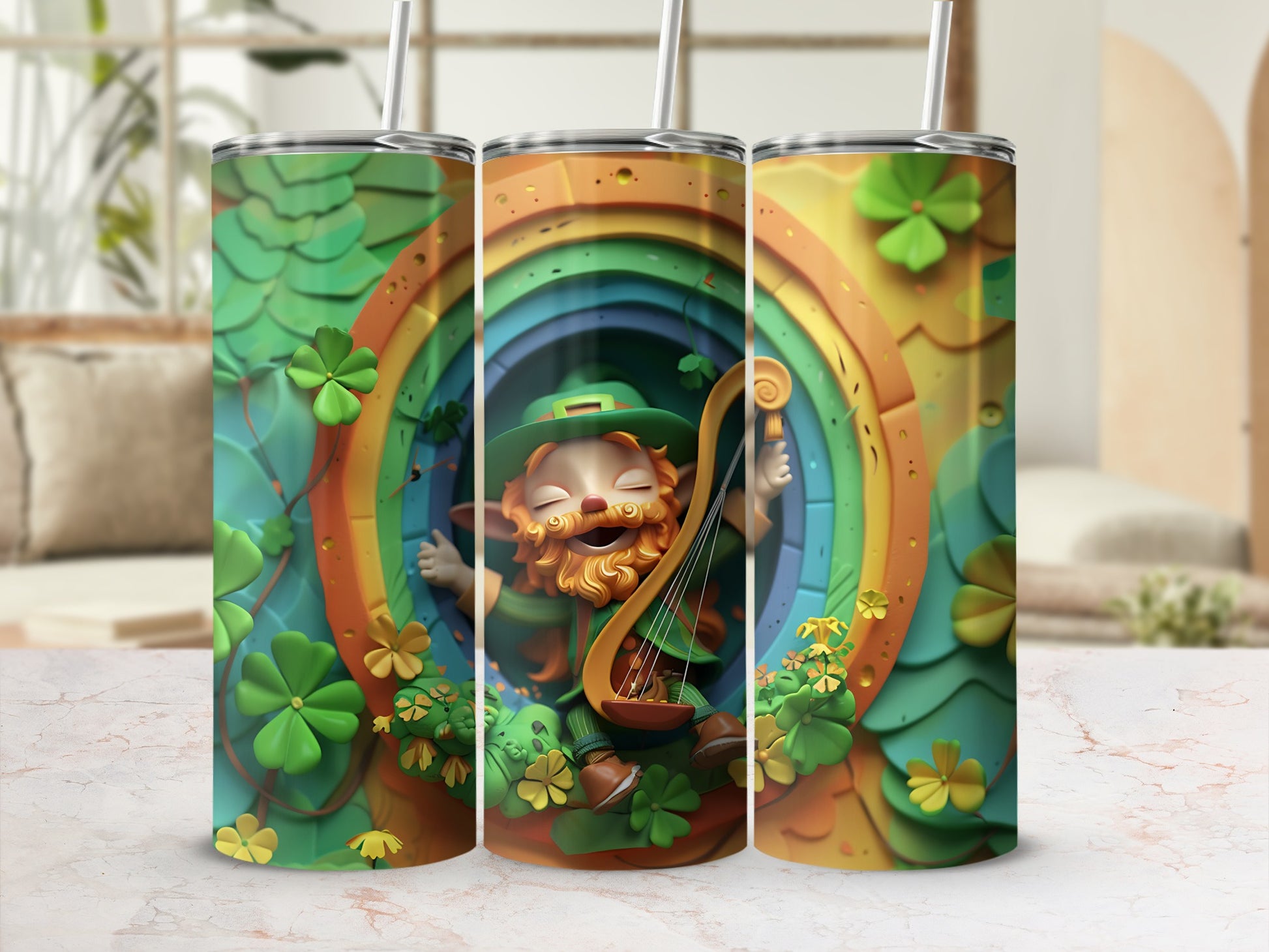 Leprechaun playing a harp inside a rainbow tunnel, surrounded by shamrocks.