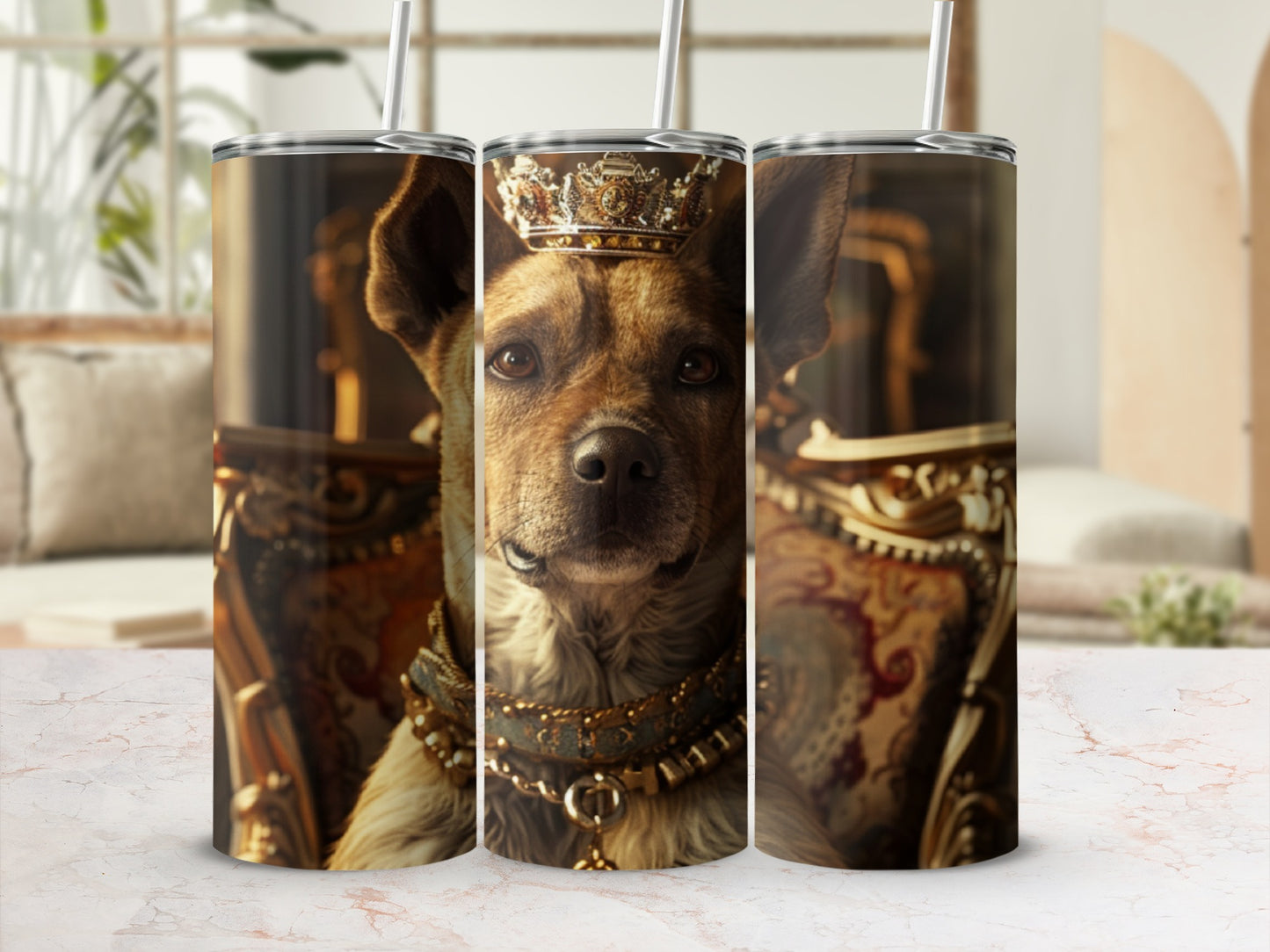 Dog wearing a crown and jeweled collar, presented on a tumbler.