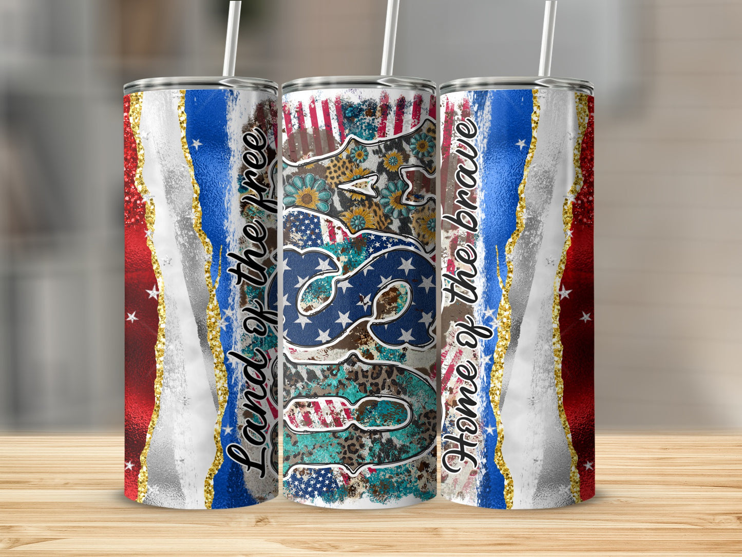 USA flag design with glitter border on three tumblers.