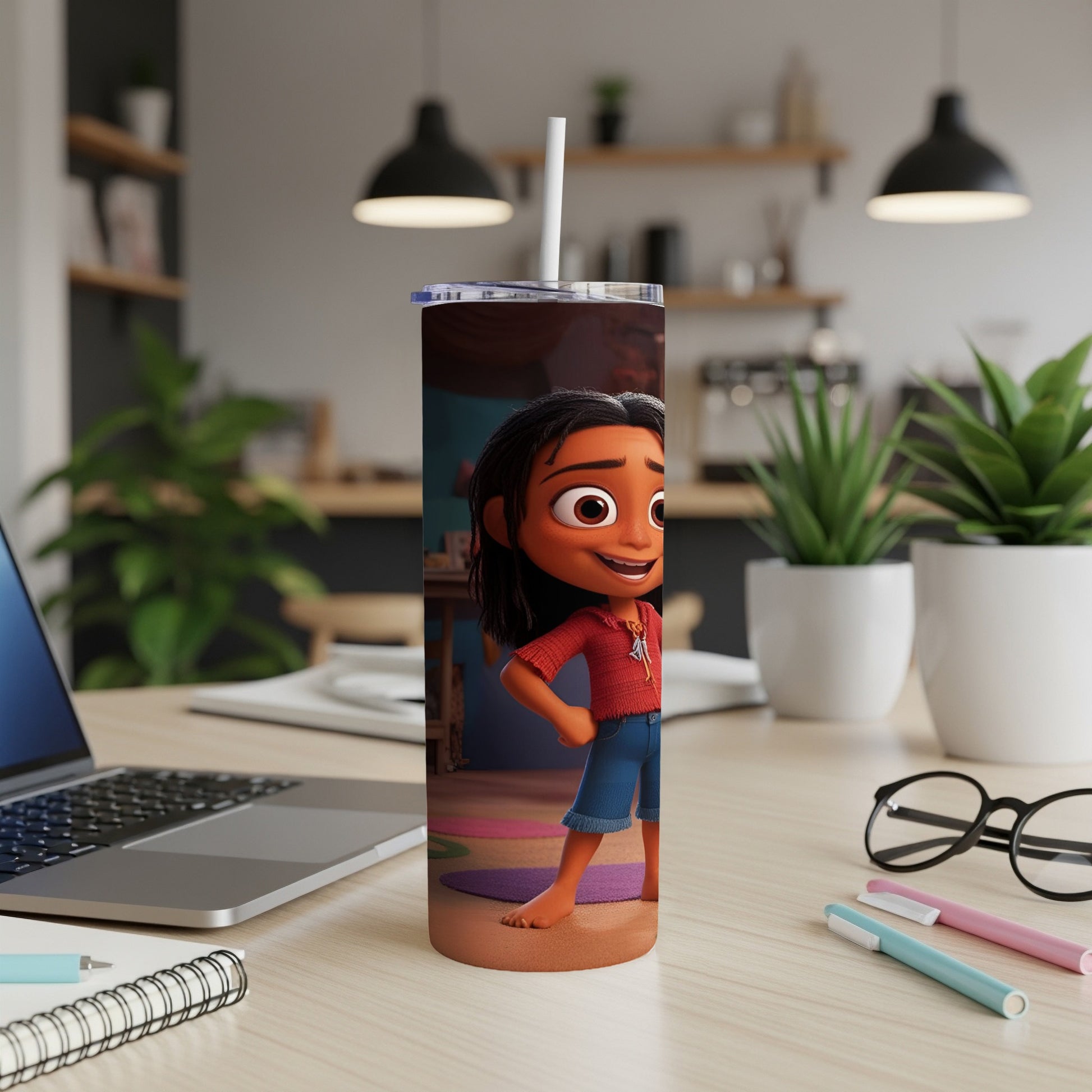 Animated girl character wearing a red shirt and denim shorts on a tumbler.