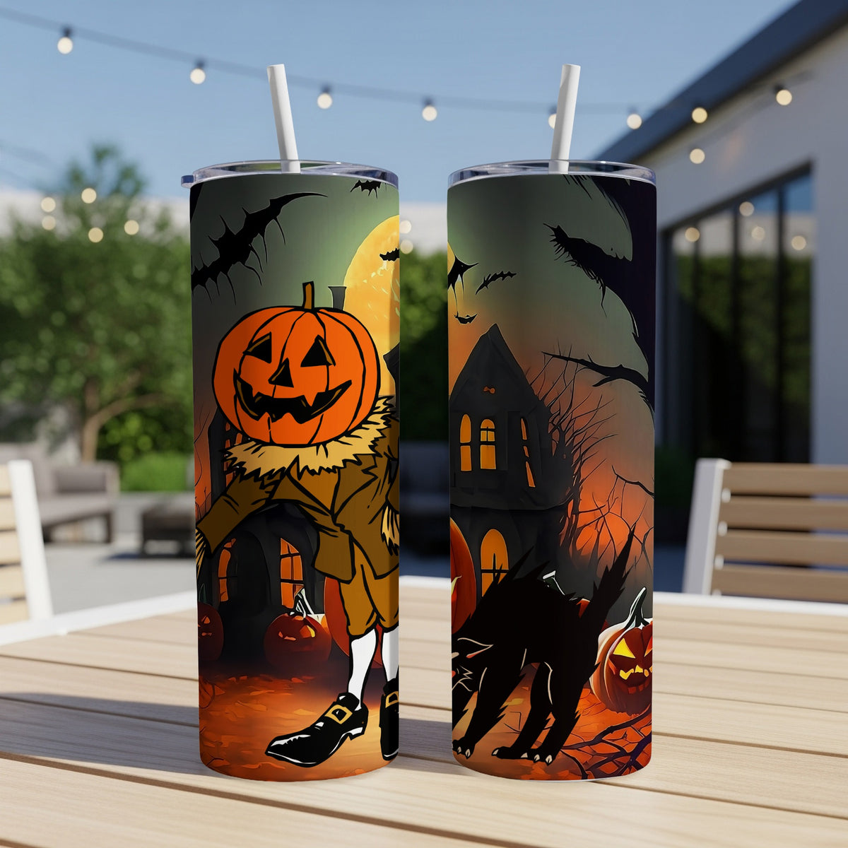Two tumblers with Halloween designs: one with a scarecrow and pumpkin, the other with a black cat.