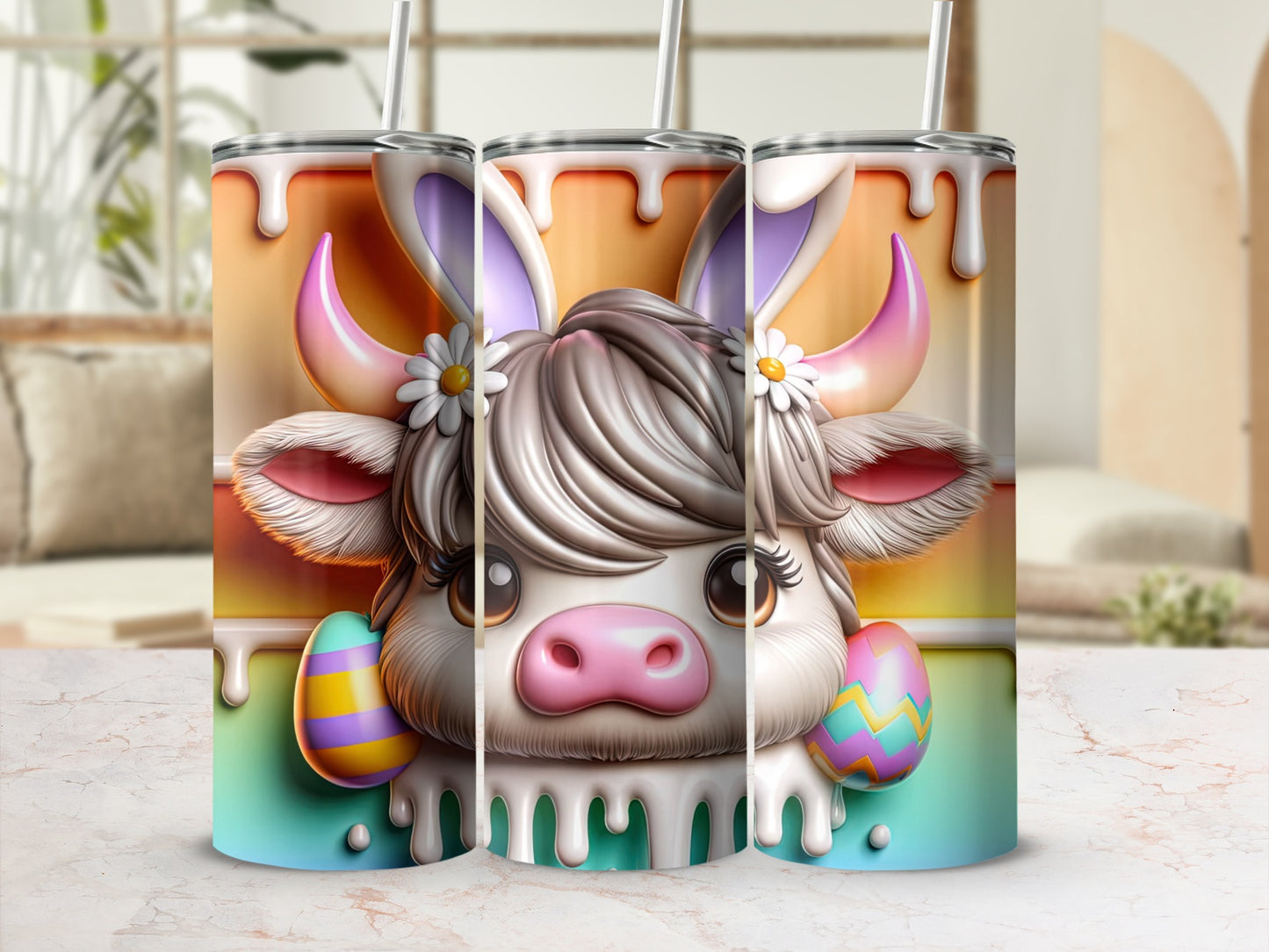Cute cow with bunny ears and Easter eggs, watercolor style.