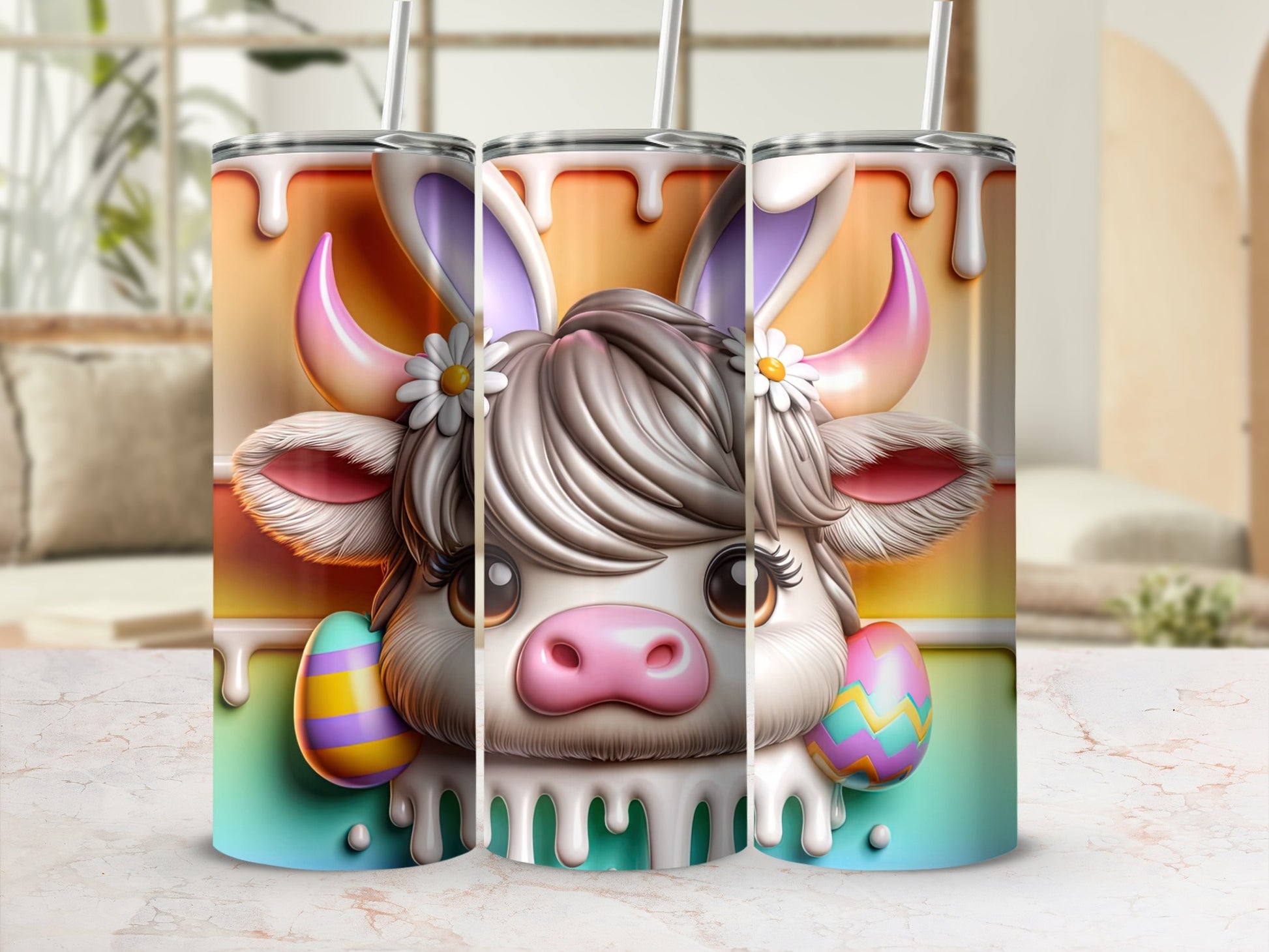 Cute cow with bunny ears and Easter eggs, watercolor style.