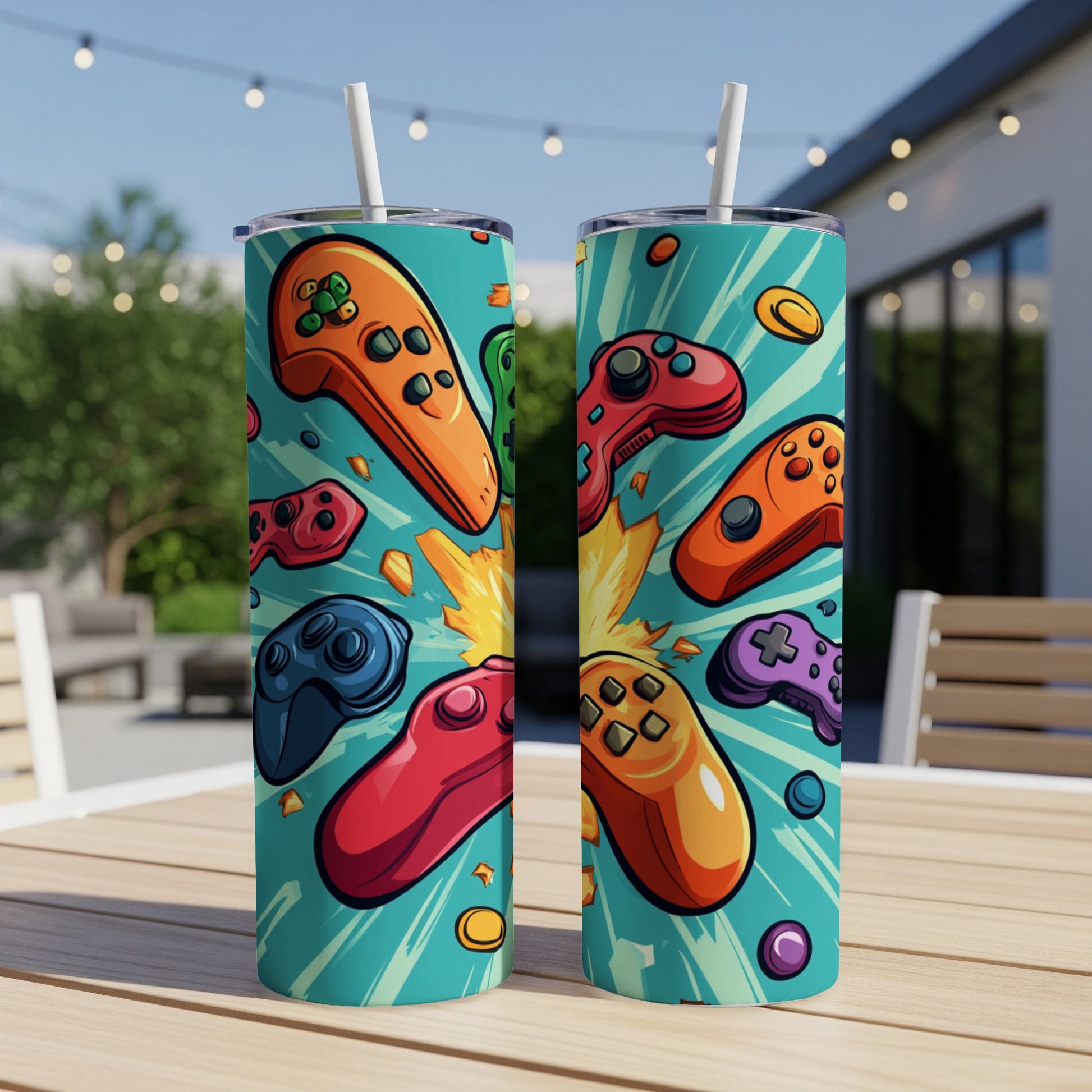 Two tumblers with a colorful, retro video game controller pattern.