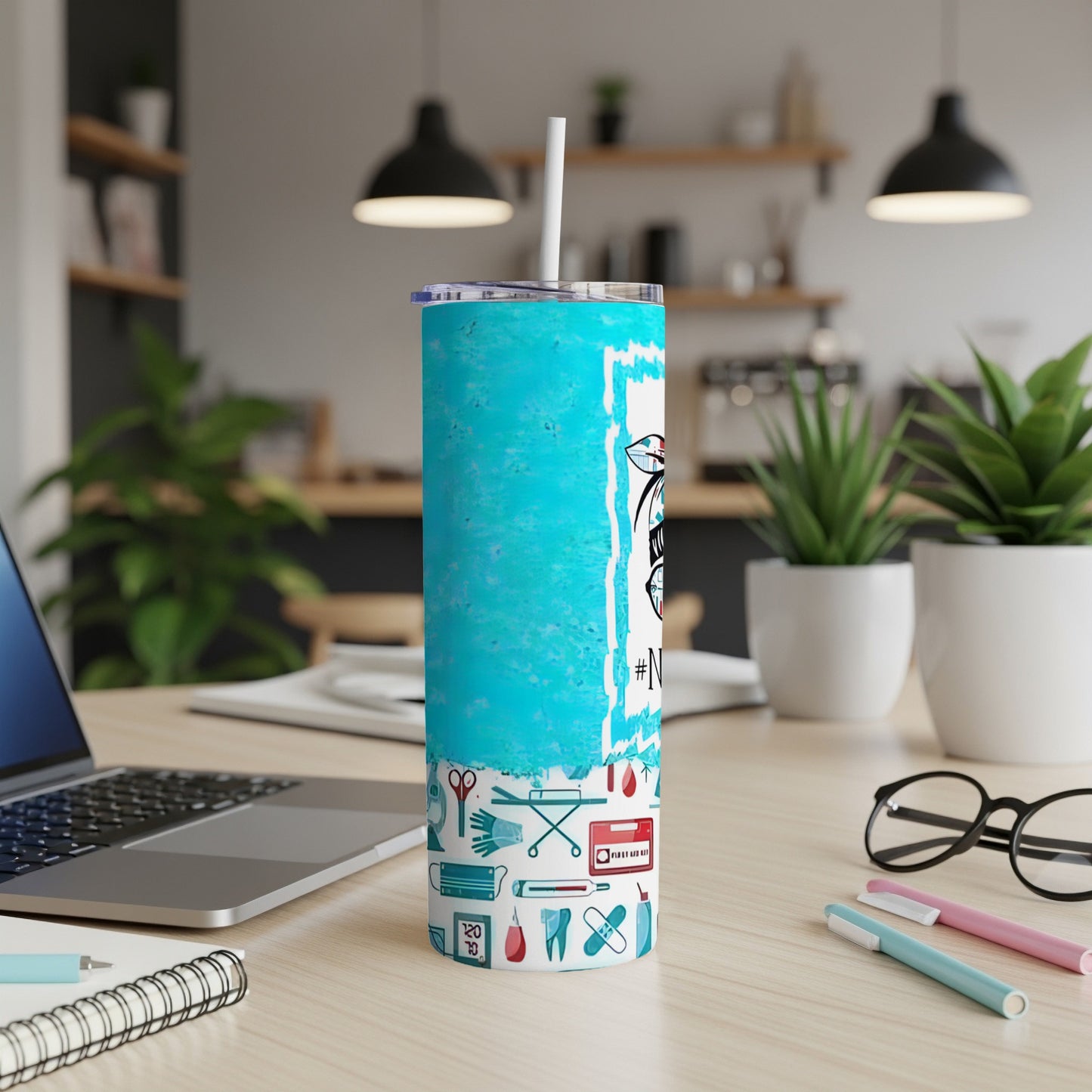 Blue marbled nurse tumbler with medical icons and text.