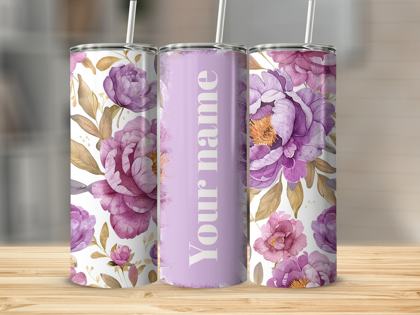 Personalized Floral Design Insulated Tumbler with Straw