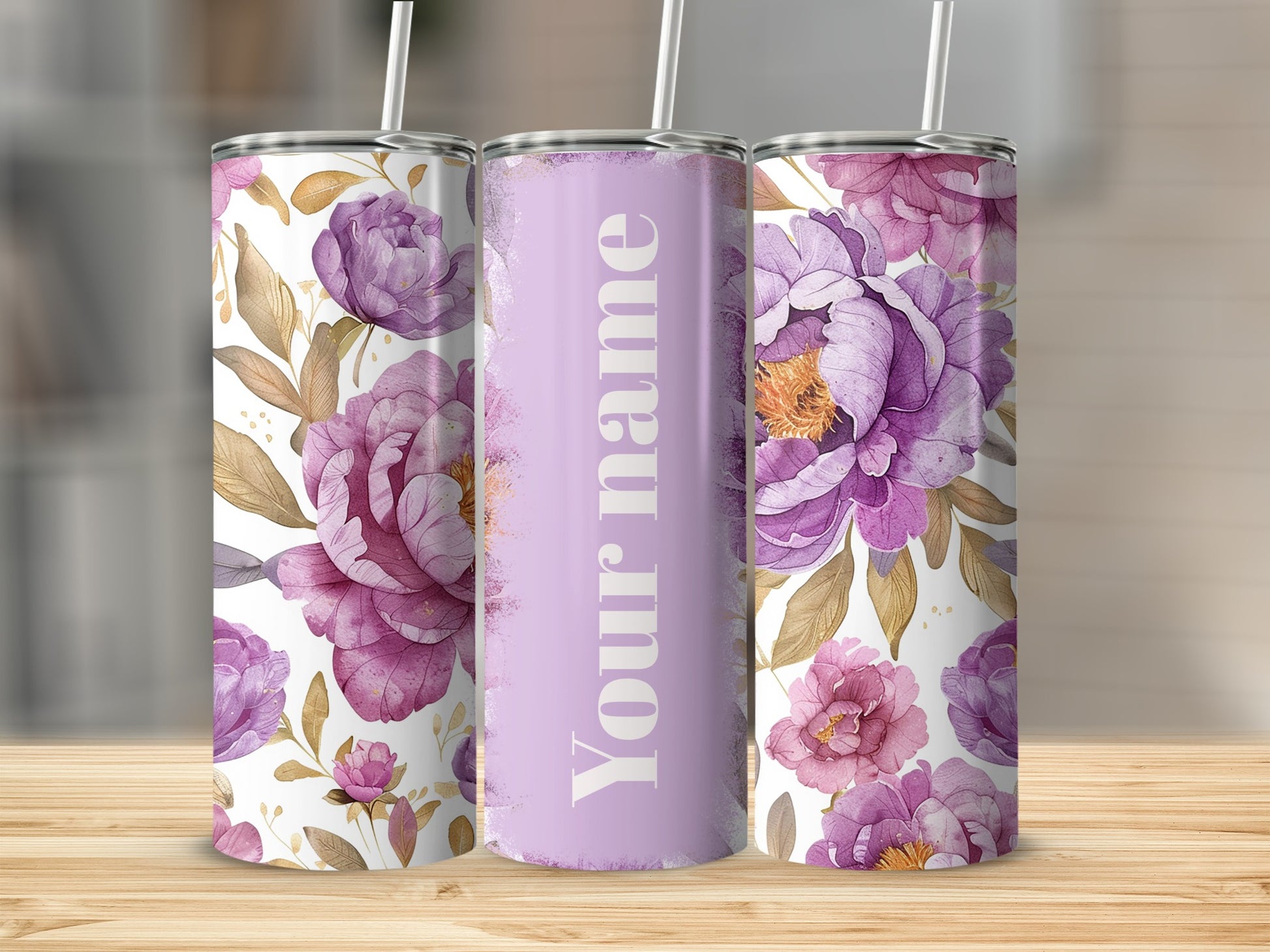 Personalized Floral Design Insulated Tumbler with Straw