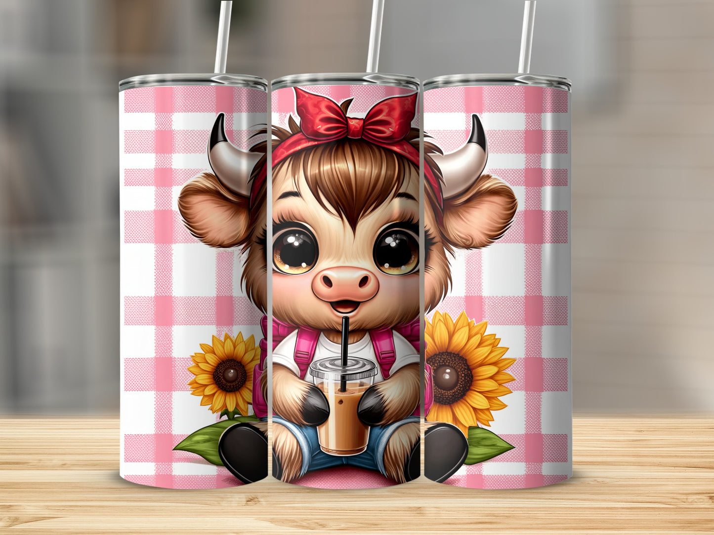 Cute cartoon cow with sunflowers and red bow, holding a drink.