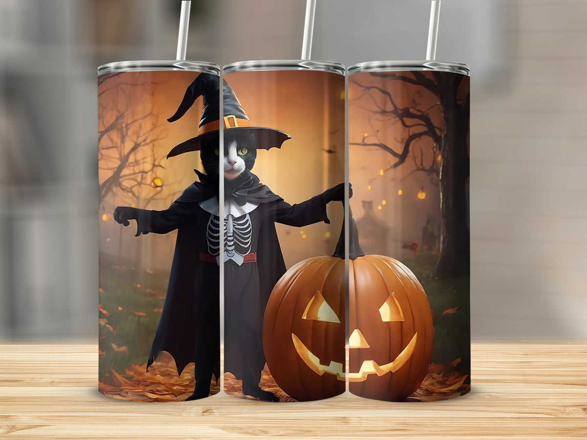 Halloween tumbler with a cat in a witch costume and a jack-o-lantern.