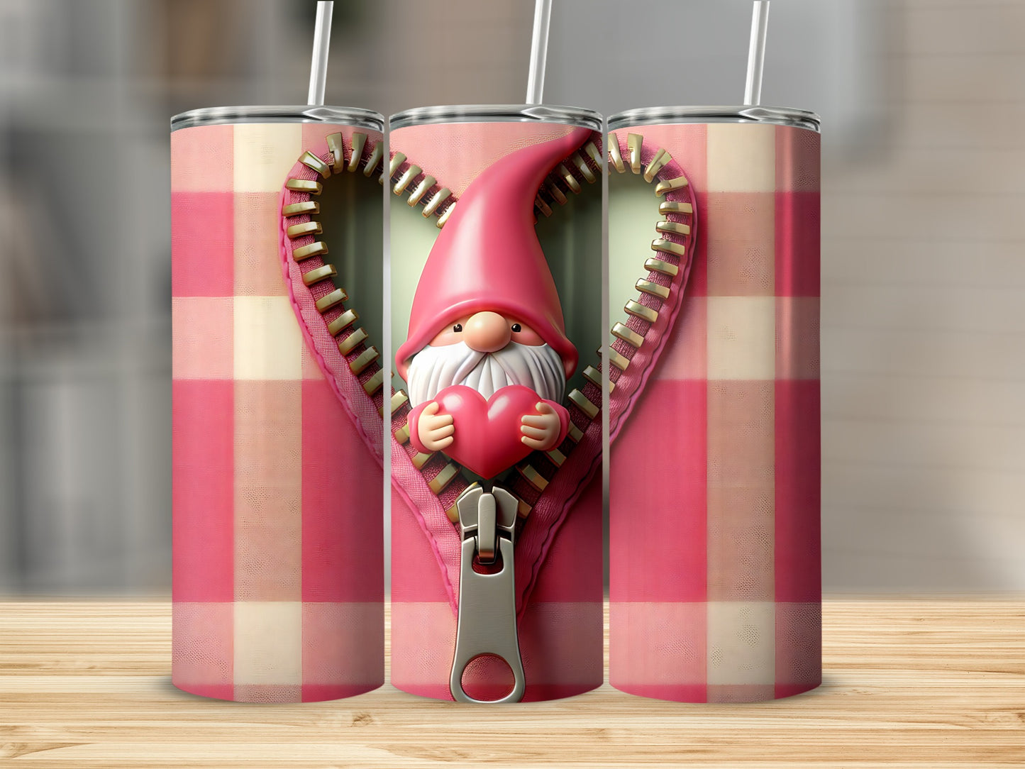 Gnome peeking through zippered heart on pink gingham tumbler.