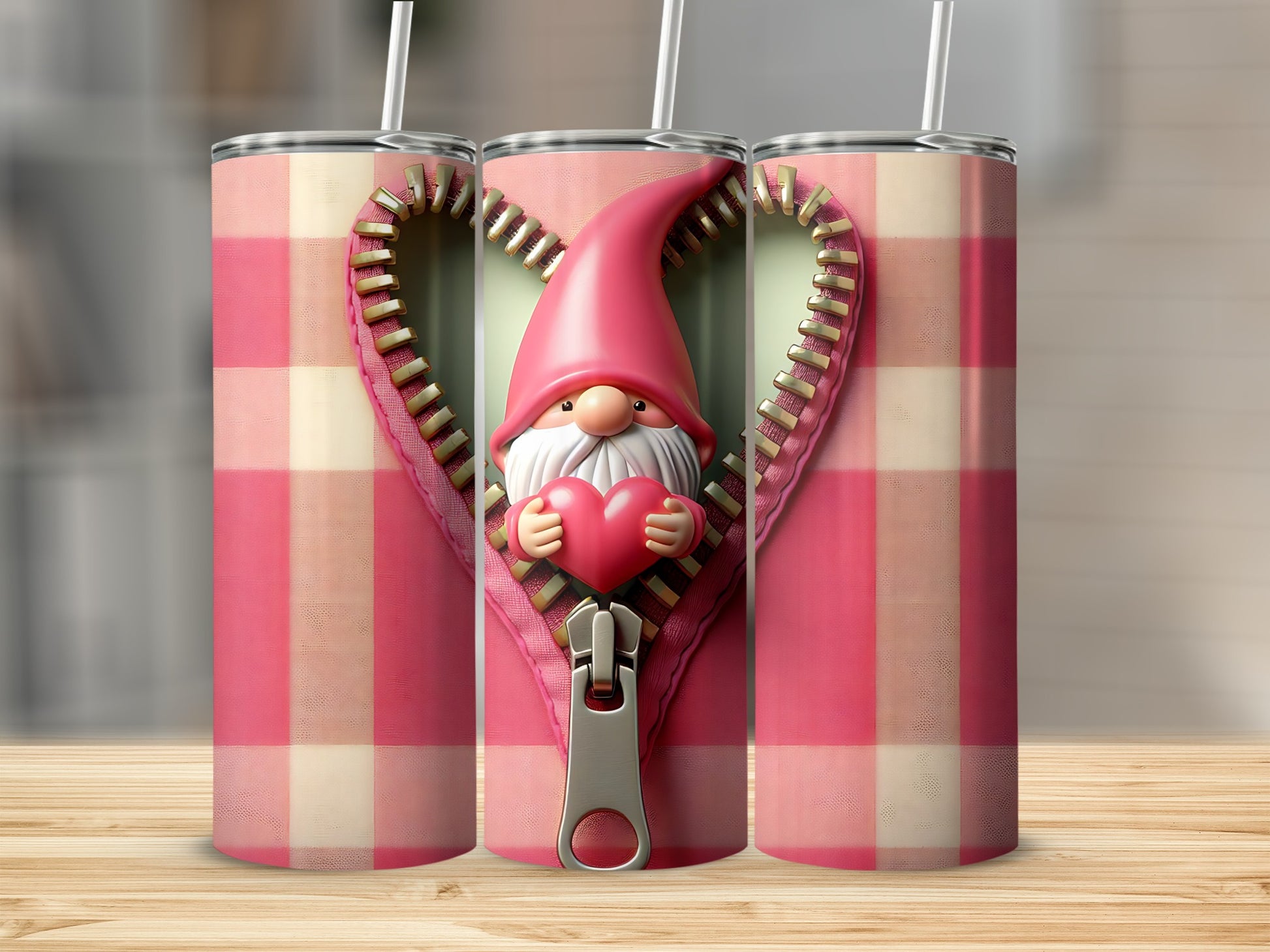 Gnome peeking through zippered heart on pink gingham tumbler.