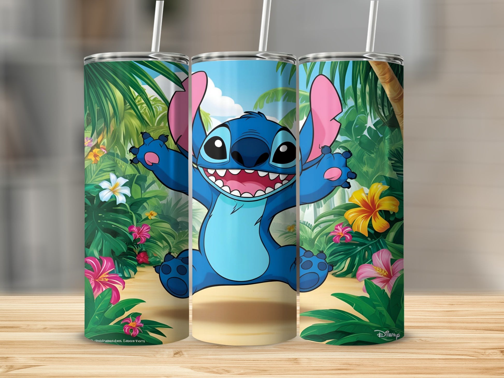 Blue Stitch character with open arms and a wide smile, surrounded by tropical foliage.