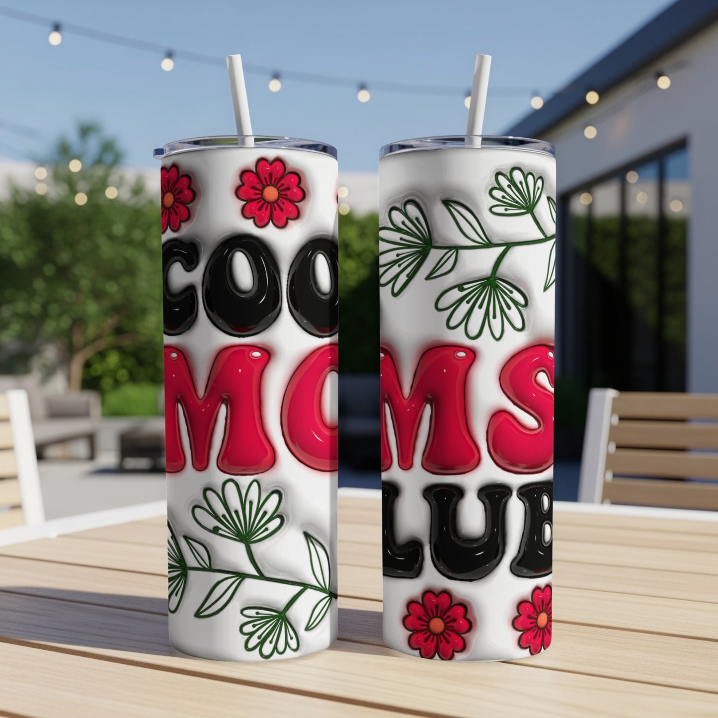 Two white tumblers with "Cool Moms Club" text and floral designs.