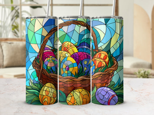 Easter basket with colorful stained-glass patterned eggs and green grass.