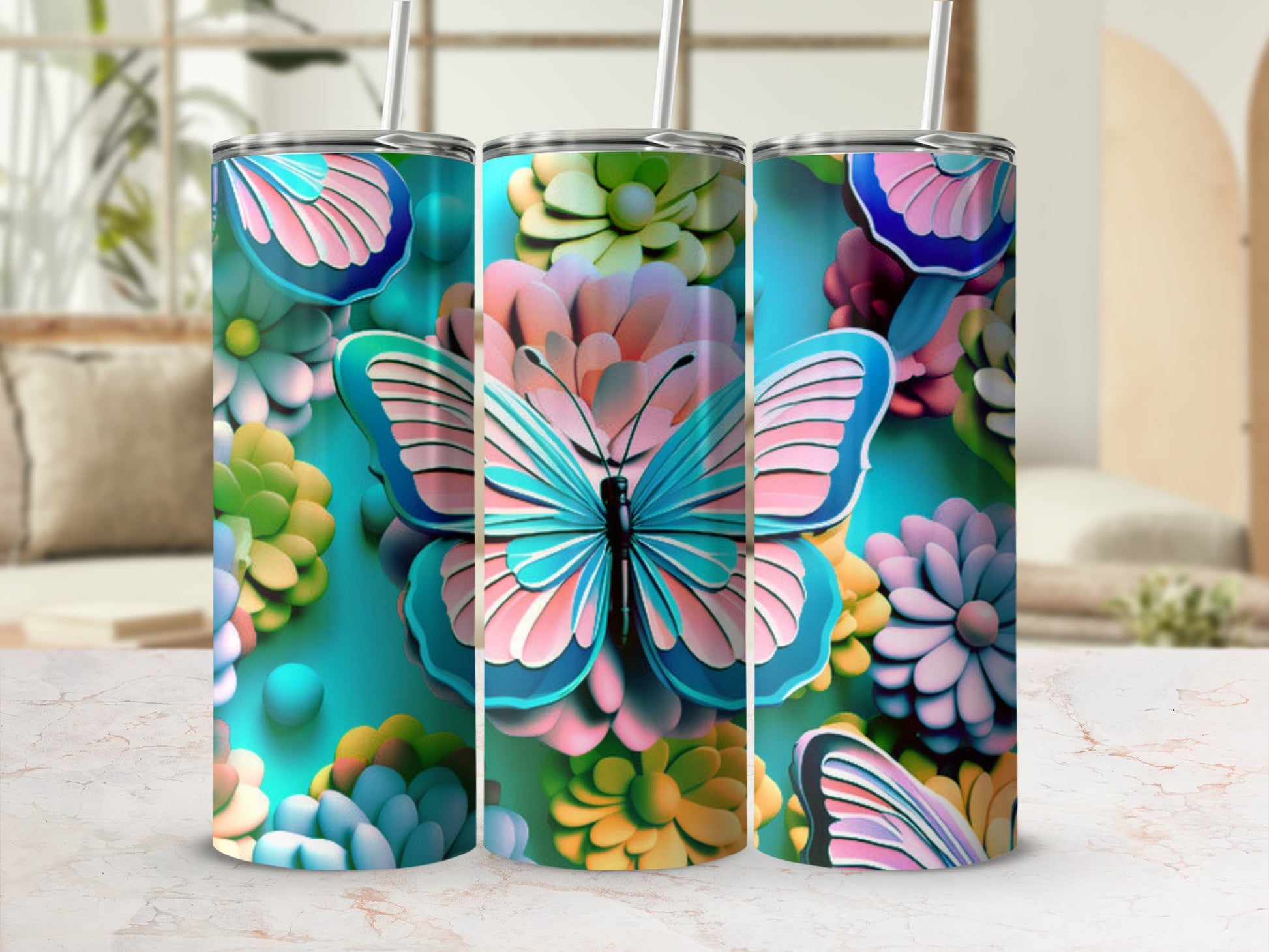 Butterfly and floral design on a three-pack of tumblers.