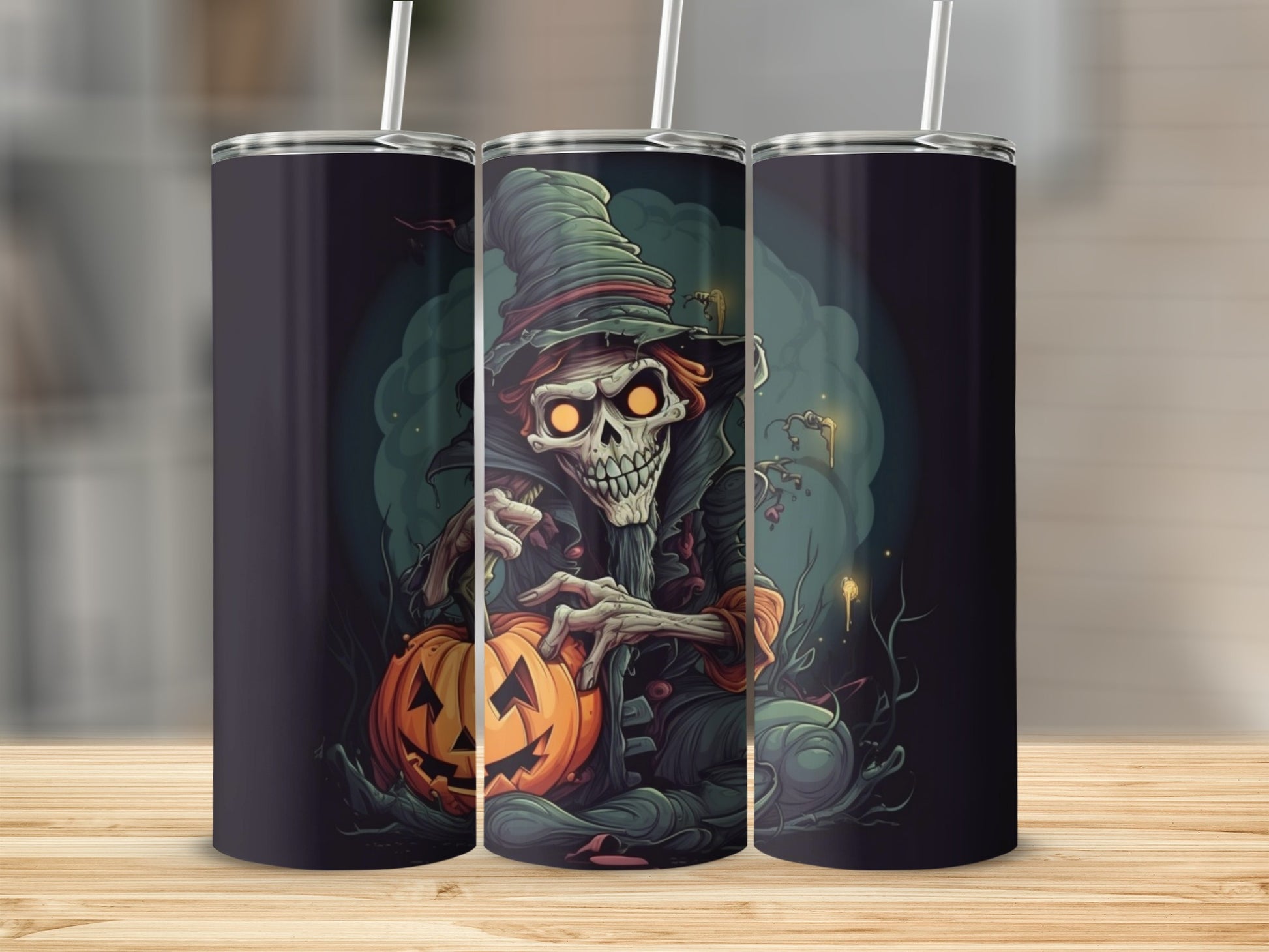 Three tumblers featuring a skeletal witch holding a jack-o'-lantern with a spooky background.