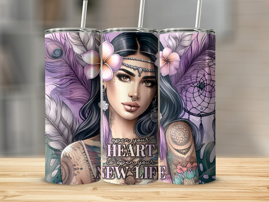 Tumbler with purple feathers, dreamcatcher, and woman with tattoos.