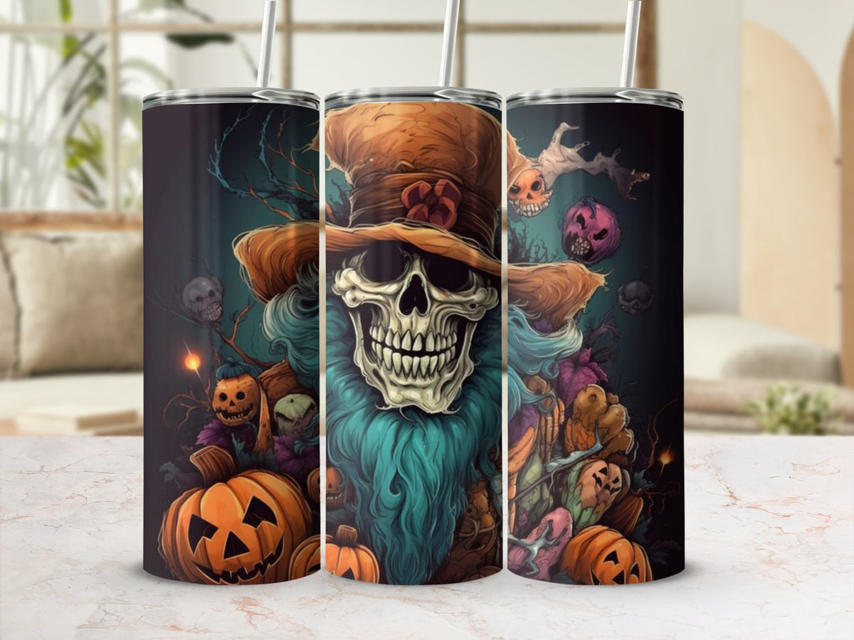 Three tumblers featuring a skeleton in a hat surrounded by pumpkins and Halloween decorations.
