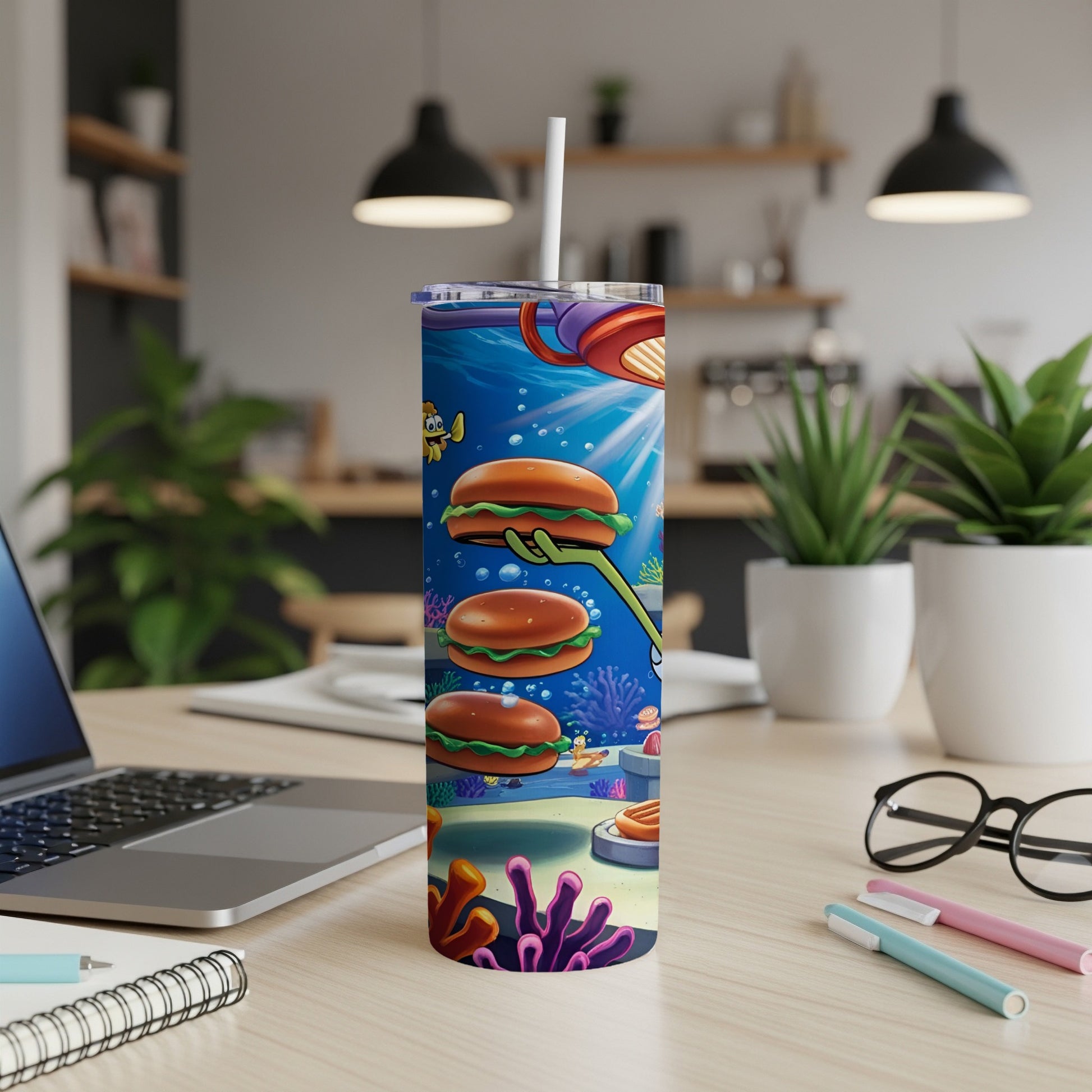 SpongeBob SquarePants tumbler with Krabby Patties and underwater scene.