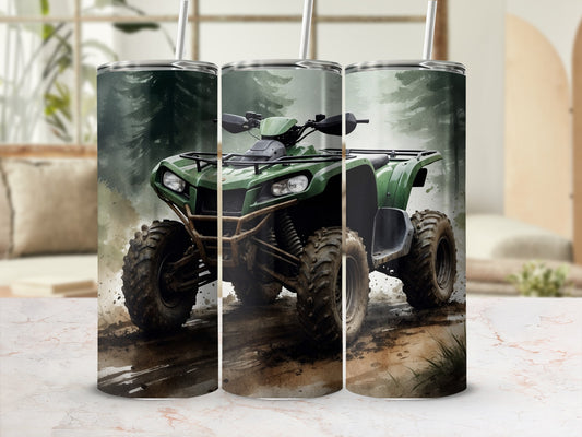 Green ATV on a dirt trail with trees in background.