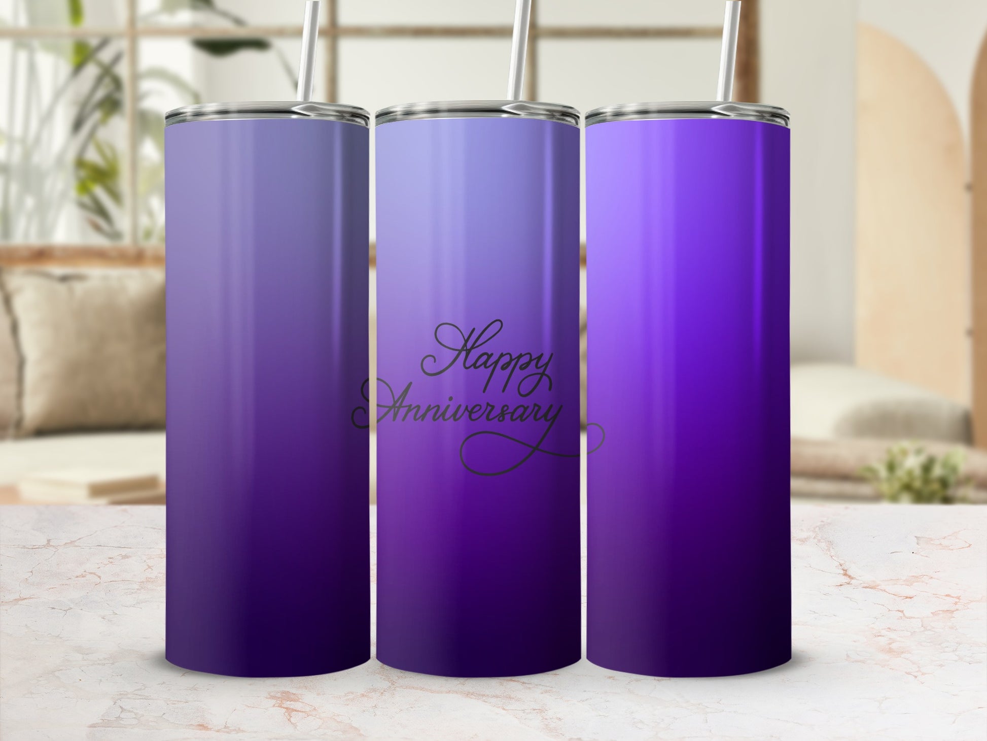 Purple gradient tumbler with "Happy Anniversary" text.