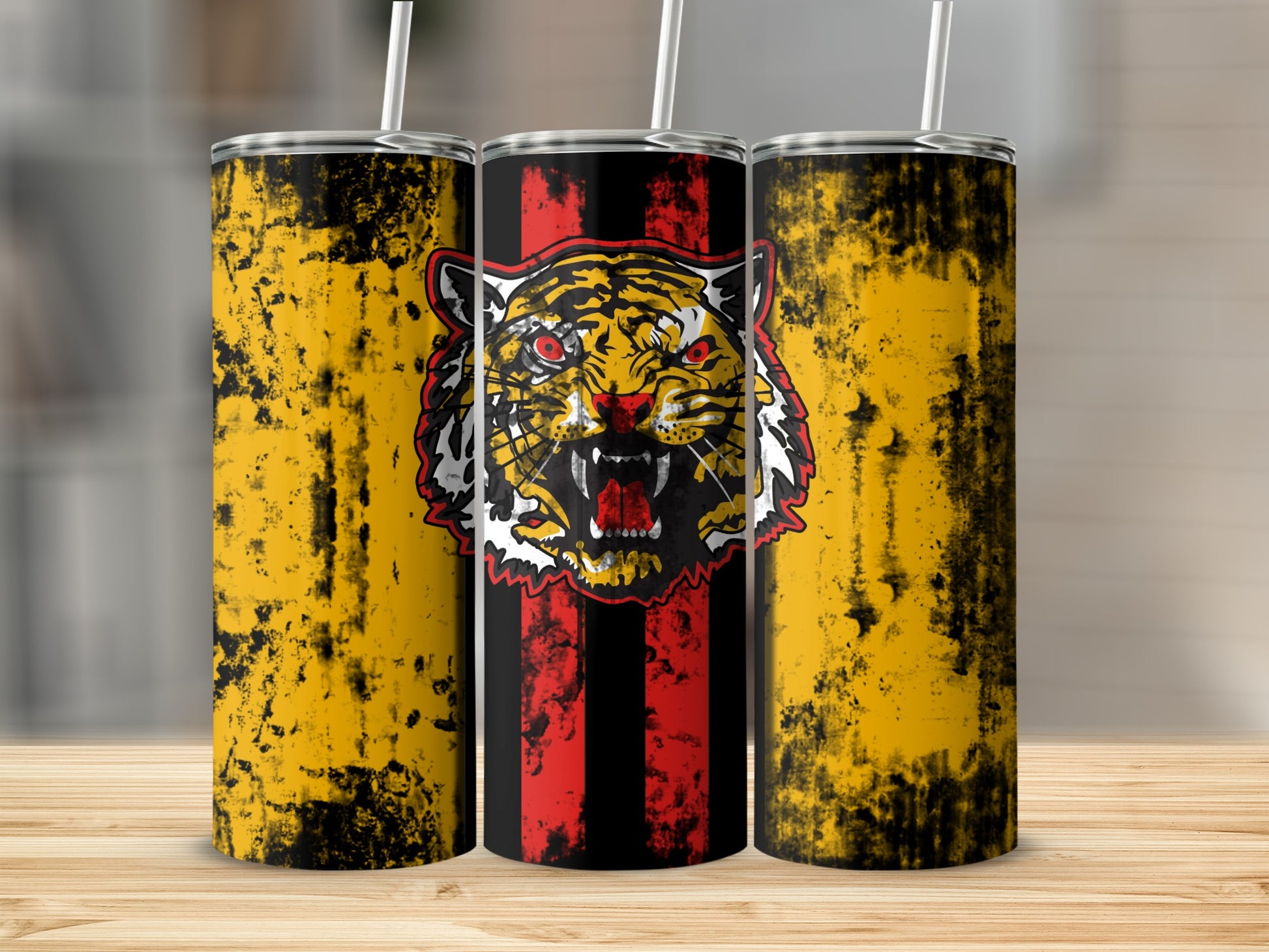 Distressed Yellow and Red Tiger With Stripes Tumbler
