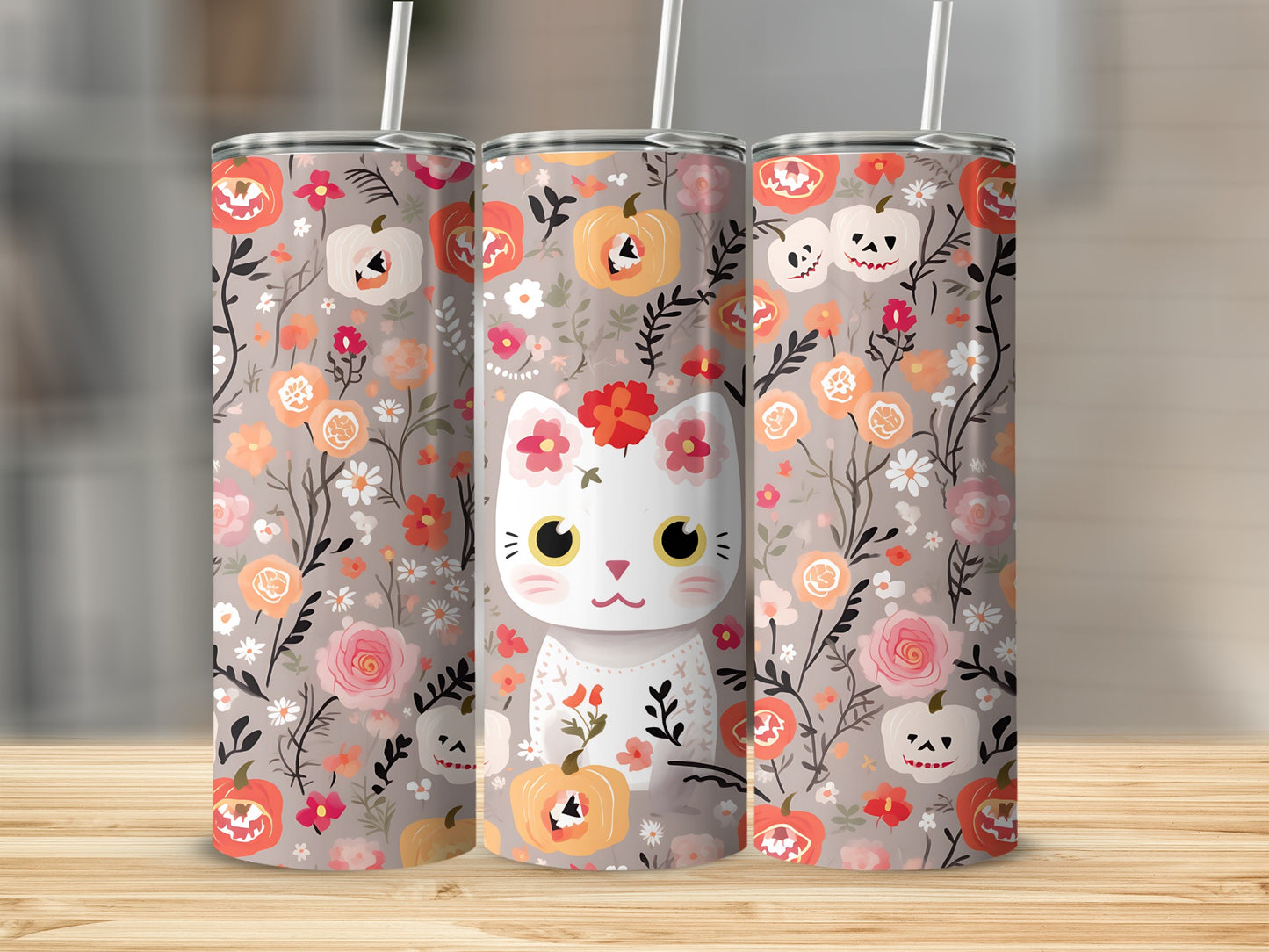 Halloween cat with pumpkins and flowers pattern on three tumblers.