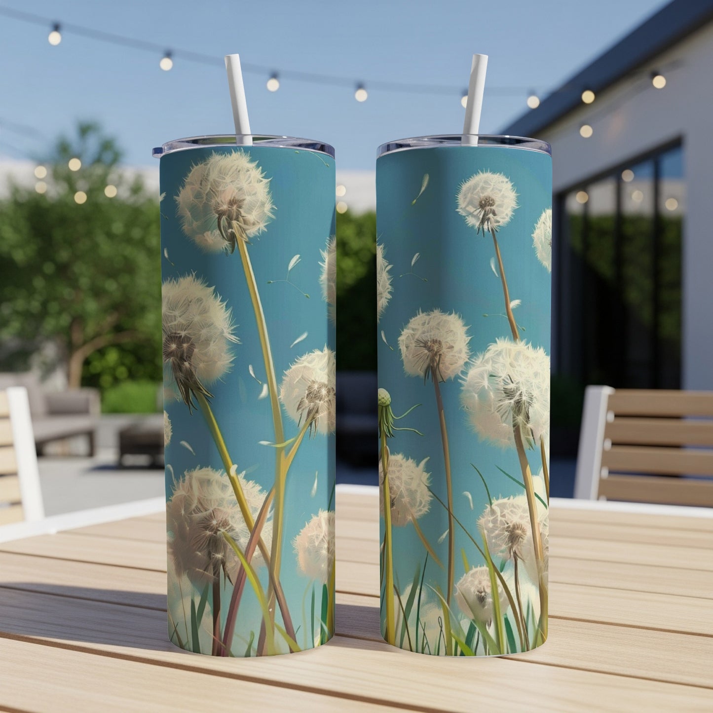 Two tall, blue tumblers with a dandelion seed puff design.