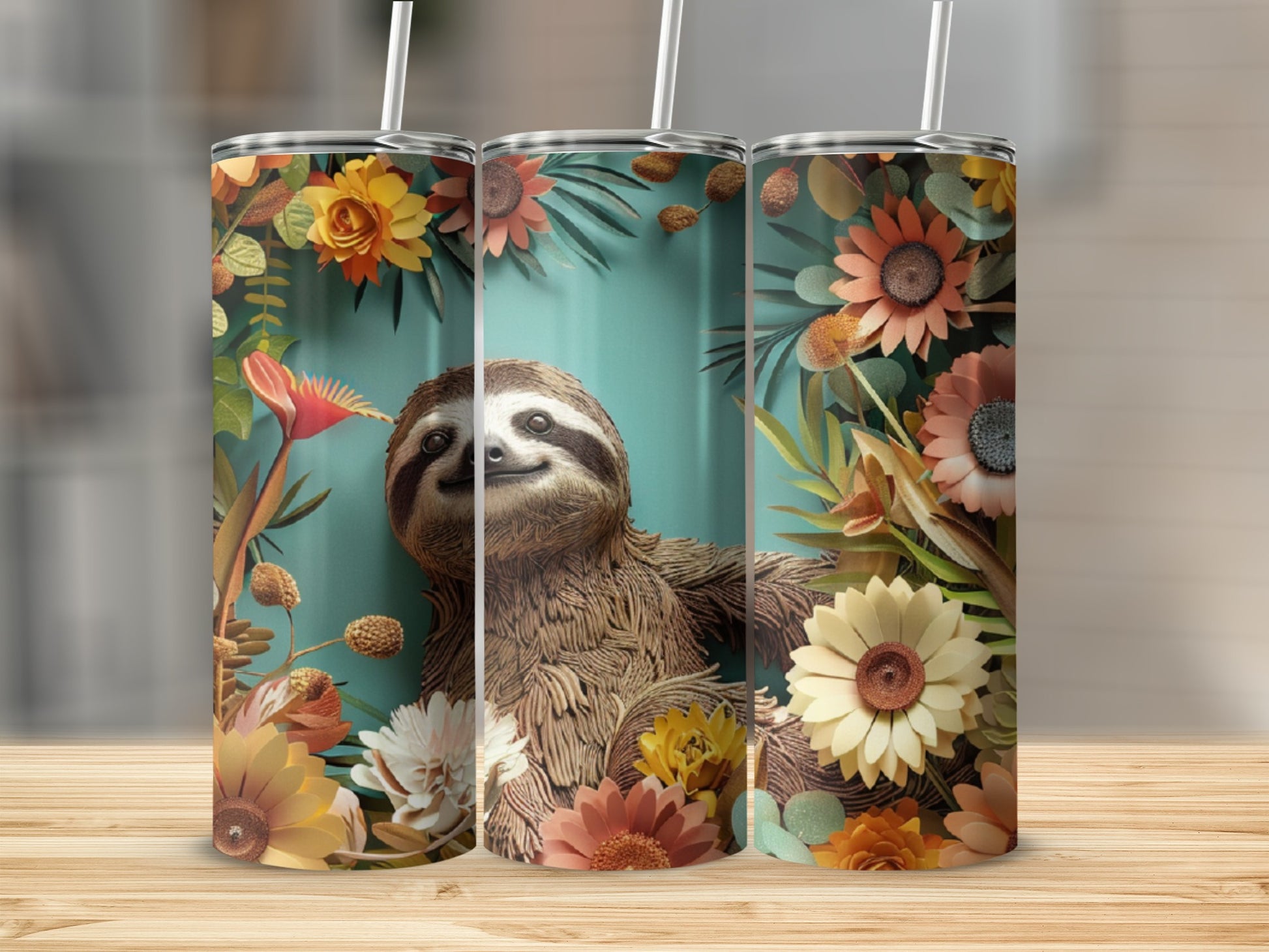 Sloth surrounded by colorful flowers and leaves on a teal background.