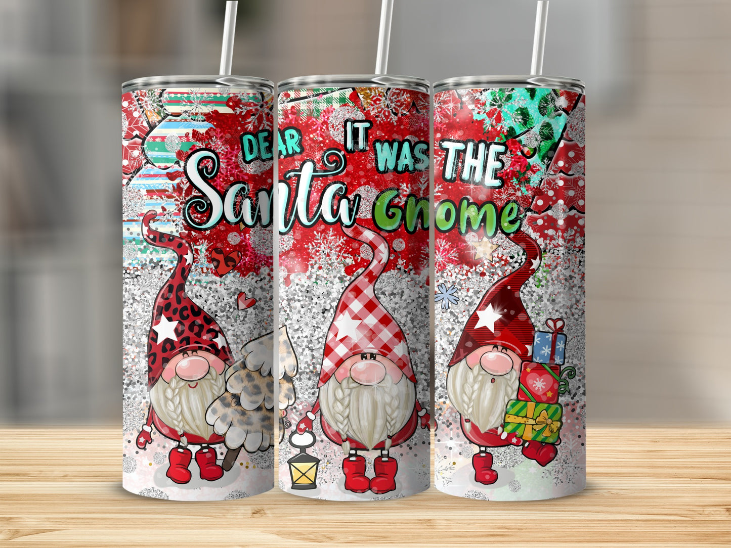Three gnome-themed tumblers with "Dear it was the Santa Gnome" text.