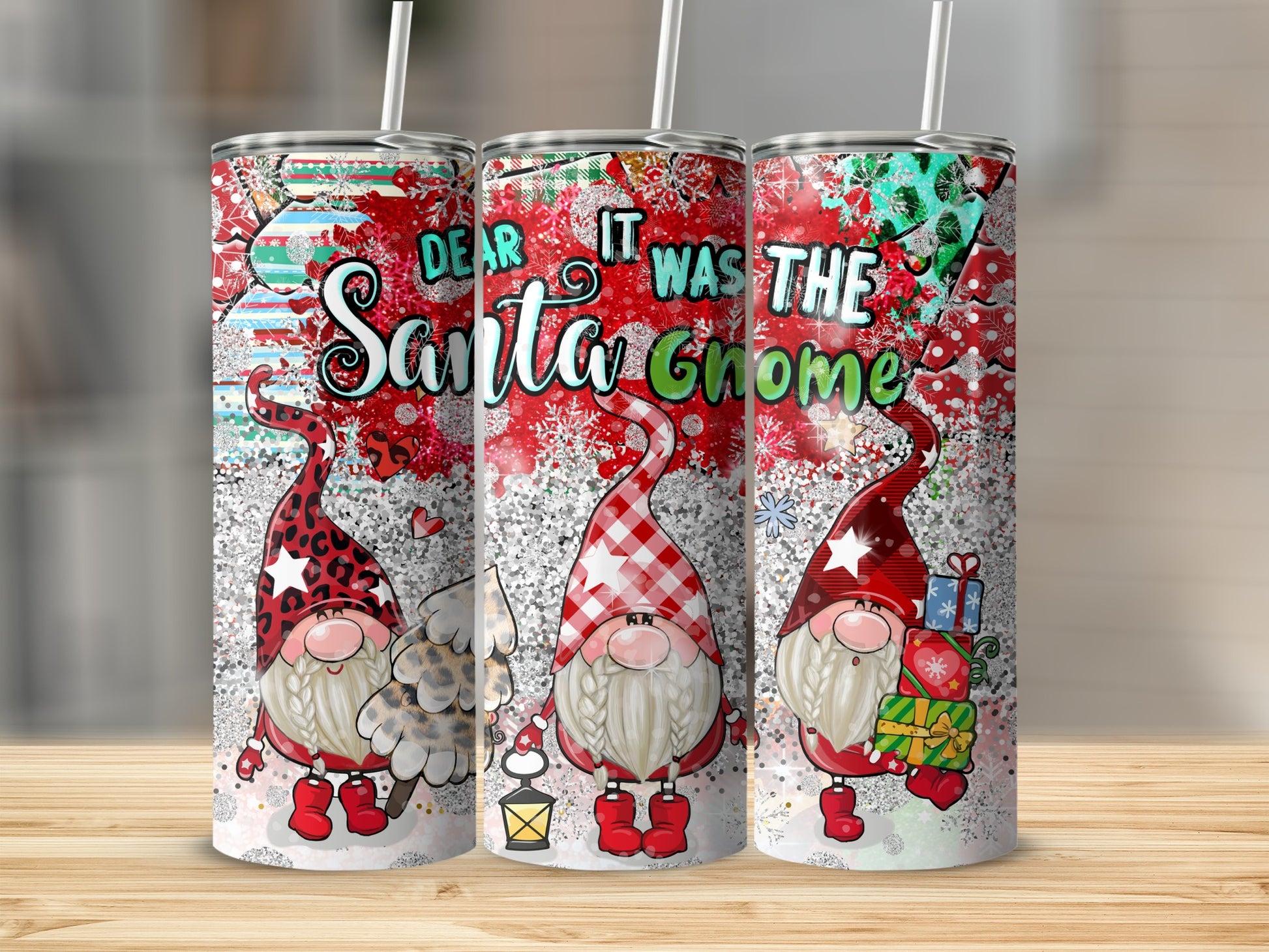 Three gnome-themed tumblers with "Dear it was the Santa Gnome" text.