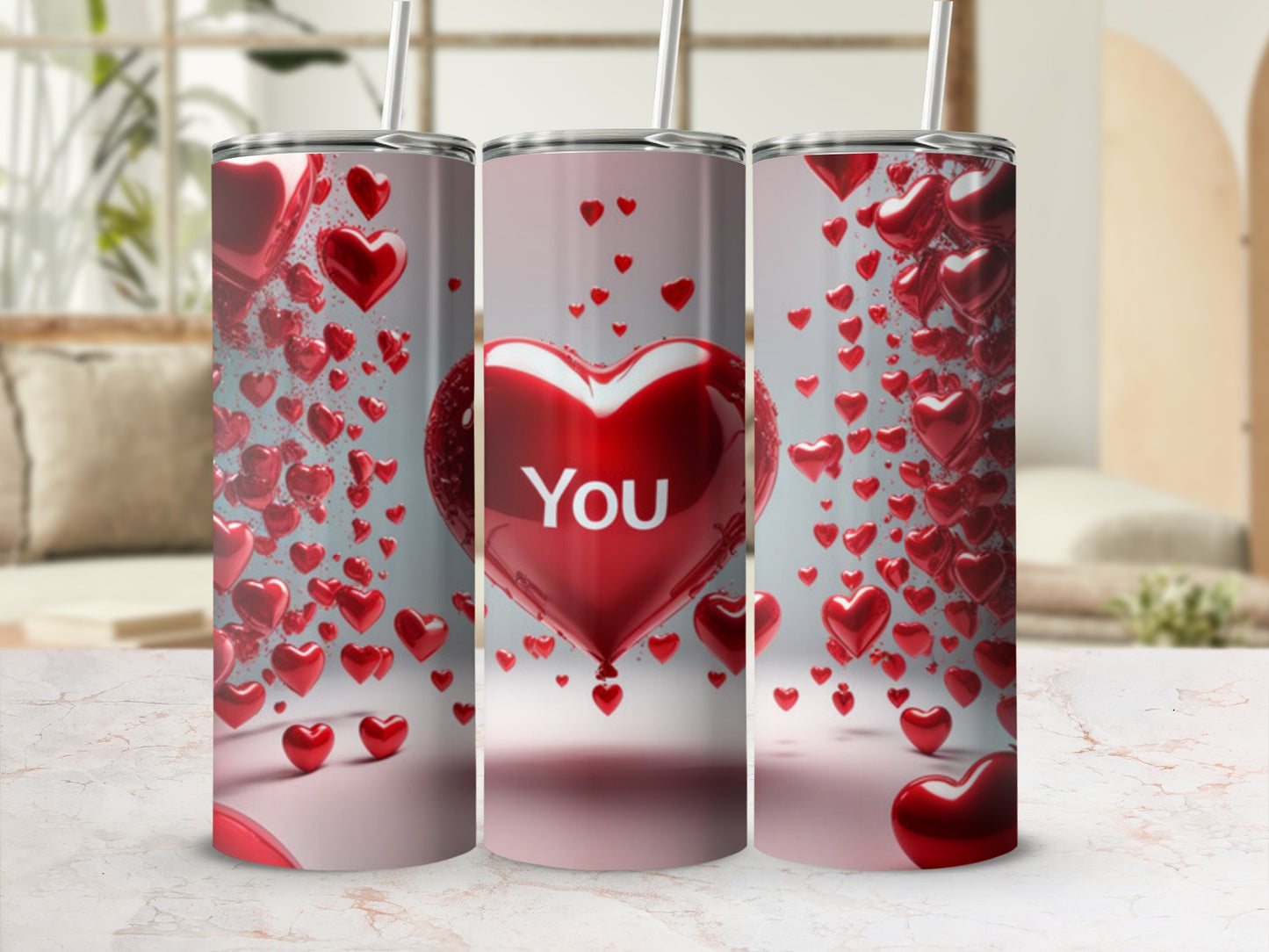 Red heart-shaped balloon with "You" text, surrounded by smaller hearts.