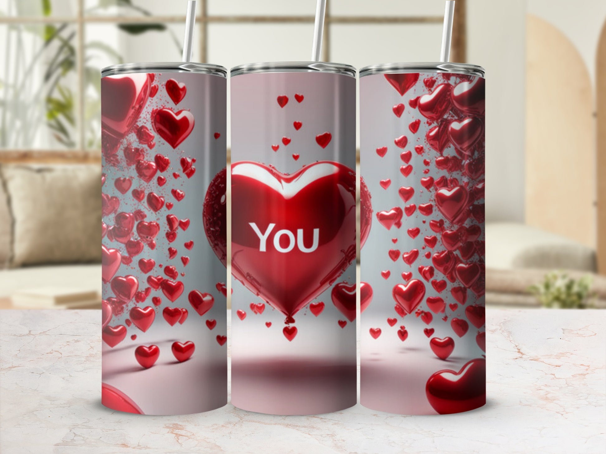 Red heart-shaped balloon with "You" text, surrounded by smaller hearts.