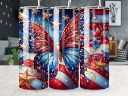 Butterfly tumbler with patriotic stars and stripes pattern.