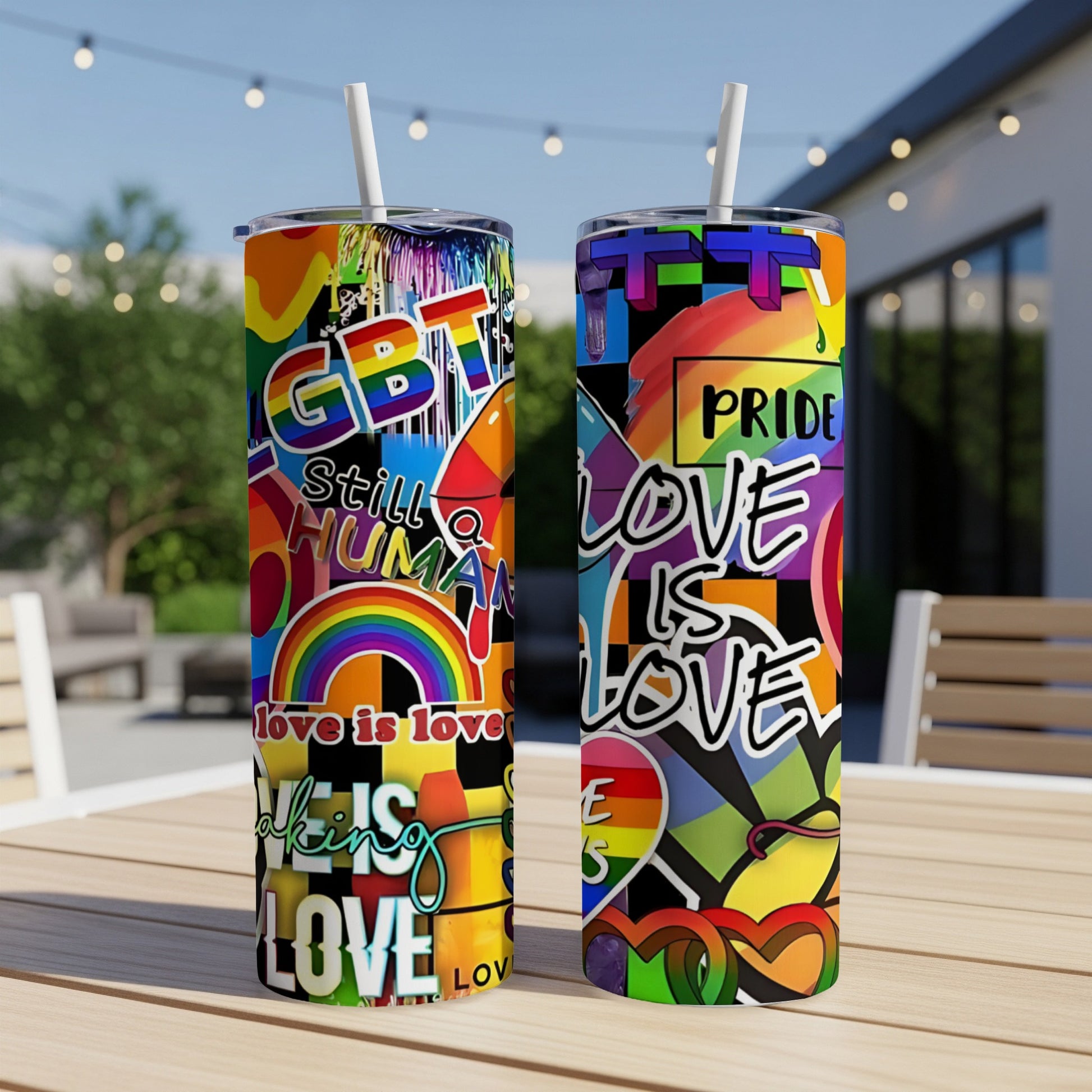 Two pride-themed tumblers with colorful graffiti-style text and rainbow graphics.