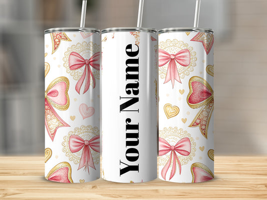 Customizable Heart and Bow Design Tumbler with Straw