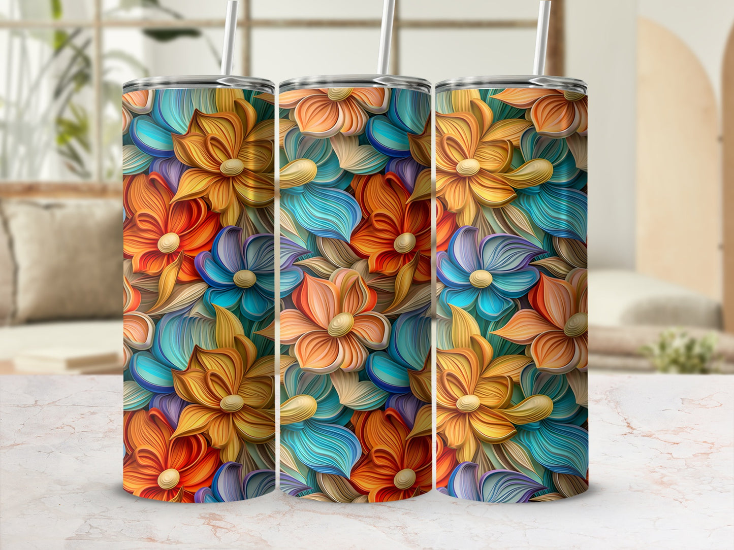 Vibrant Colorful Floral Patterned Insulated Tumbler