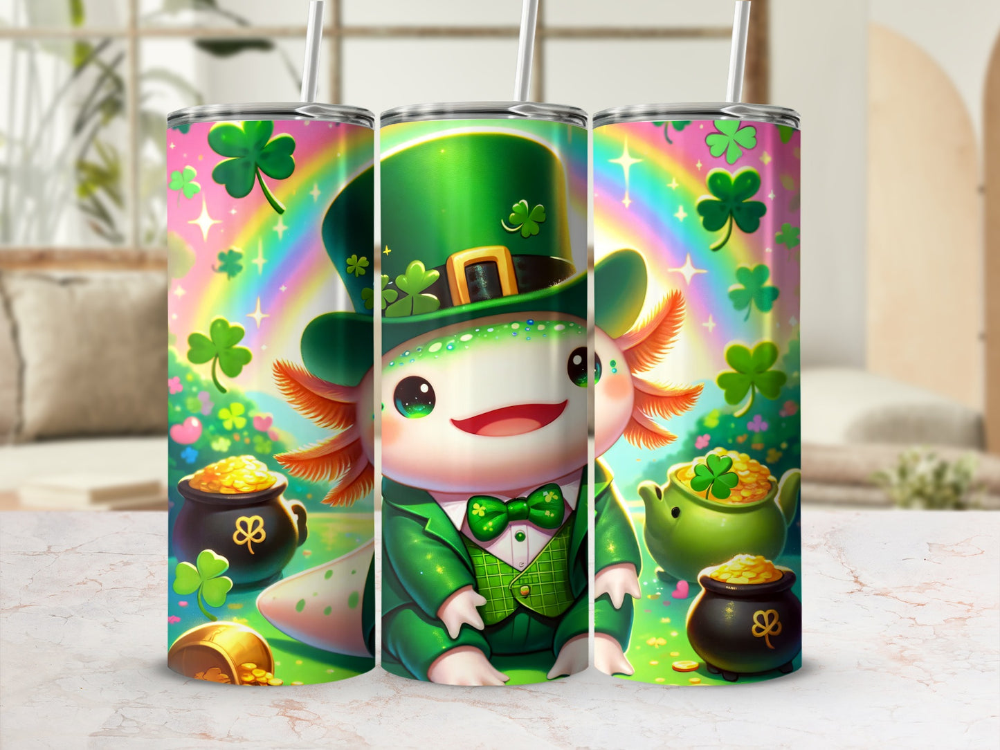 Axolotl wearing a green suit and hat with shamrocks, rainbows, and pots of gold.