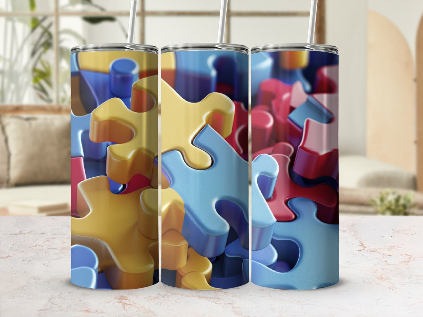 Three colorful puzzle pieces pattern tumblers with straws on a marble surface.
